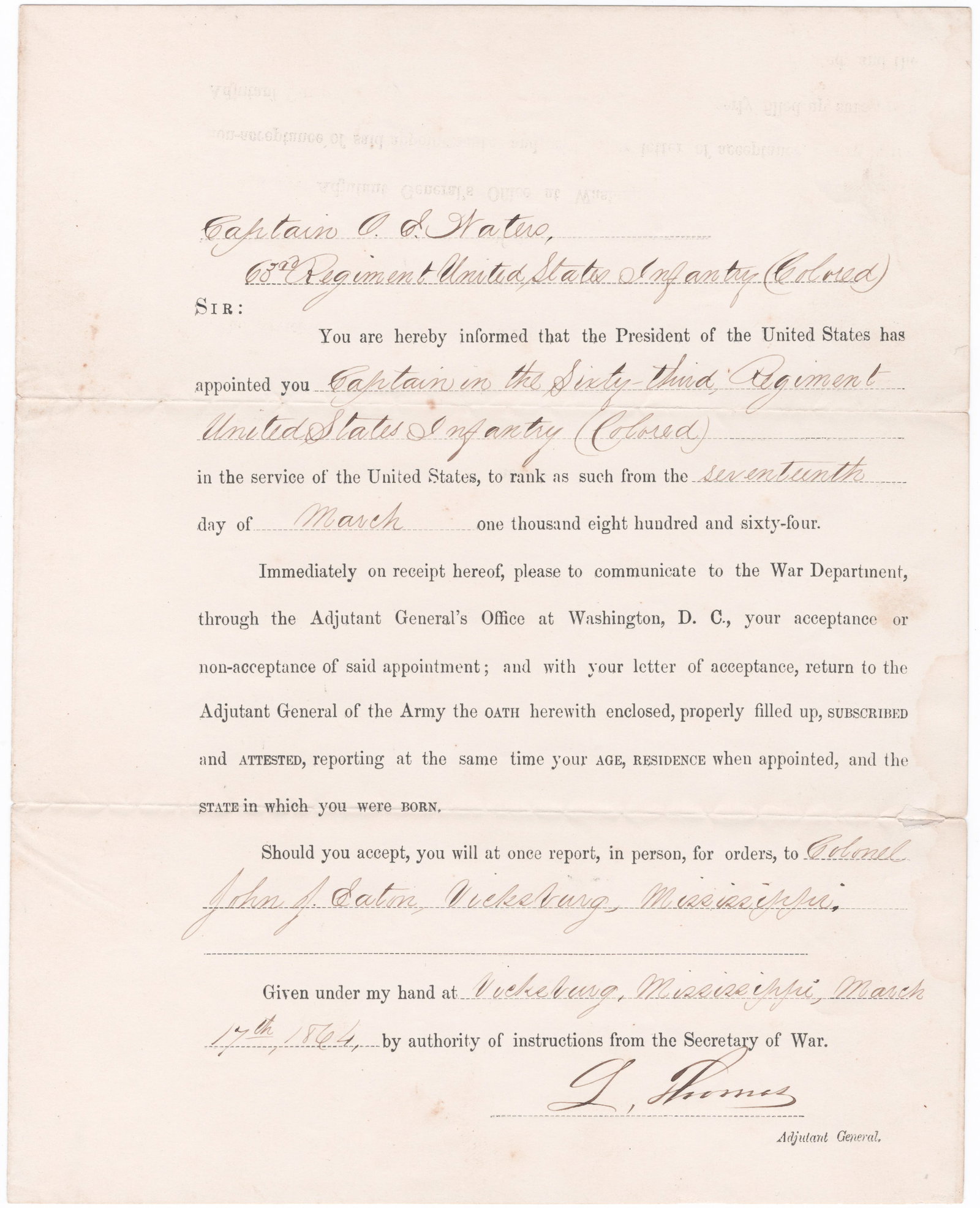 LORENZO THOMAS APPOINTS A CAPTAIN OF COLORED TROOPS: LORENZO THOMAS (1804-1875) Union brigadier general and Adjutant General of the U.S. Army. Served as Secretary of War following the dismissal of Edwin Stanton. A very interesting, war-date