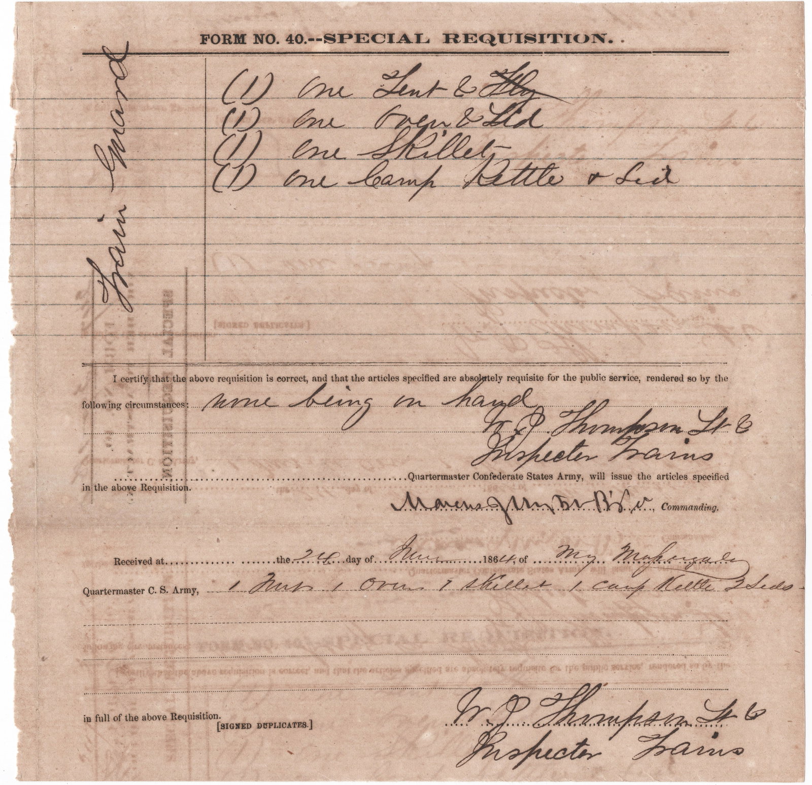 MARCUS J. WRIGHT: (1831-1922) Confederate brigadier general wounded at Shiloh, returning to fight at Chickamauga and Atlanta. He later compiled the Official Records of the Civil War. War-date partly-printed D.S., 1p.
