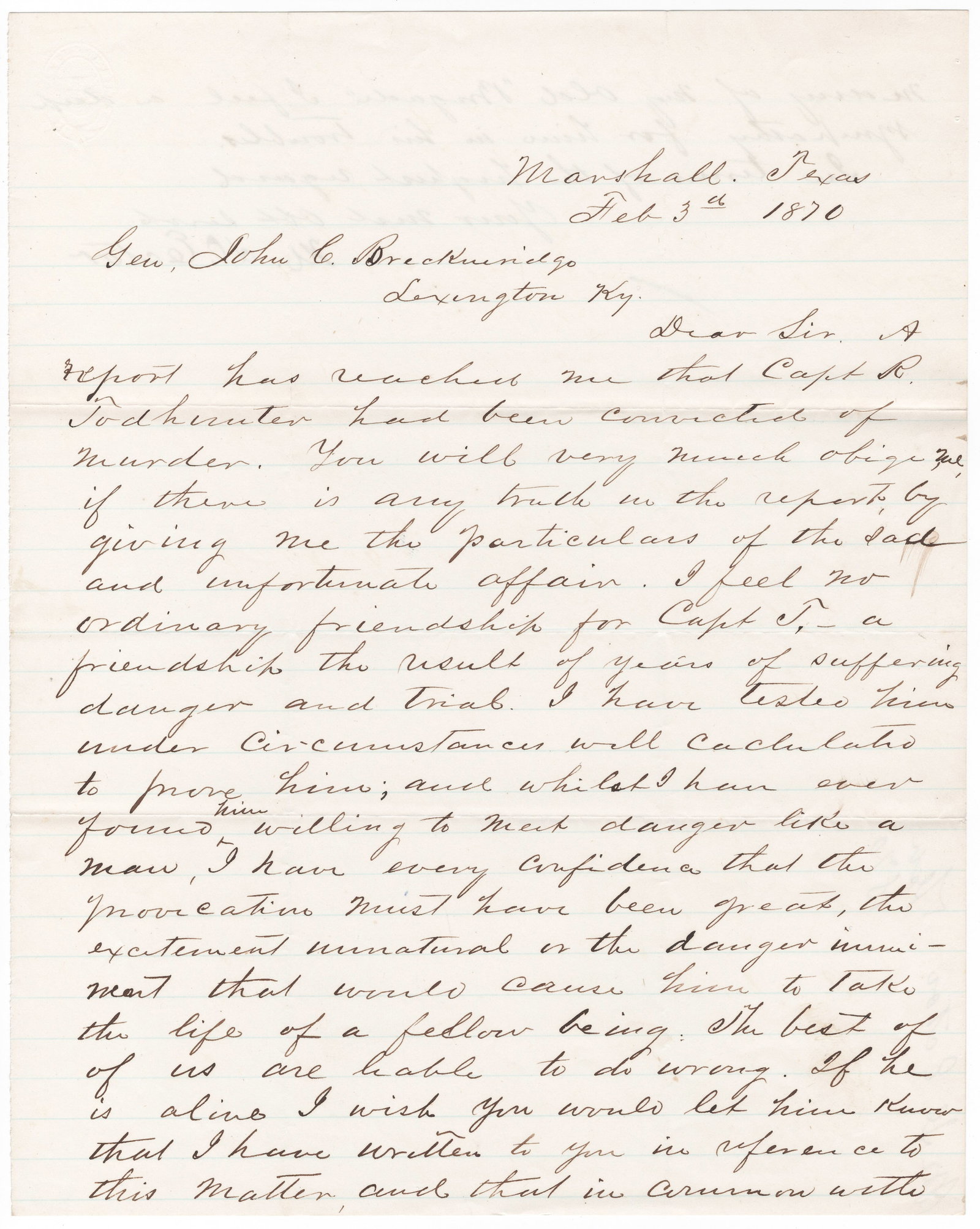 MATTHEW D. ECTOR: (1822-1879) Confederate brigadier general who served with distinction at Stones River and Chickamauga, later a judge in Texas. Fine association and interesting content A.L.S., 2pp. 4to., Marshall, TX,