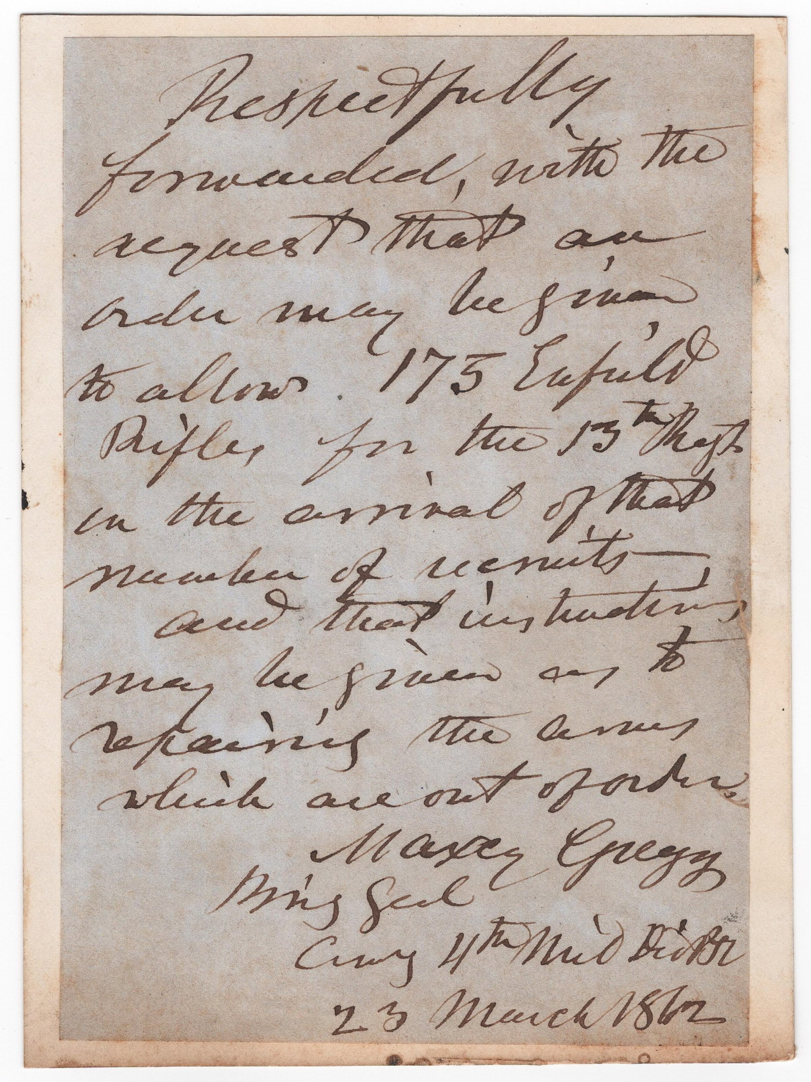 MAXCY GREGG: (1814 - 1862) Confederate brigadier general and ardent secessionist, commanded troops with distinction at Gaines Mill and Second Bull Run. Wounded at Antietam by the same bullet that killed Genl.