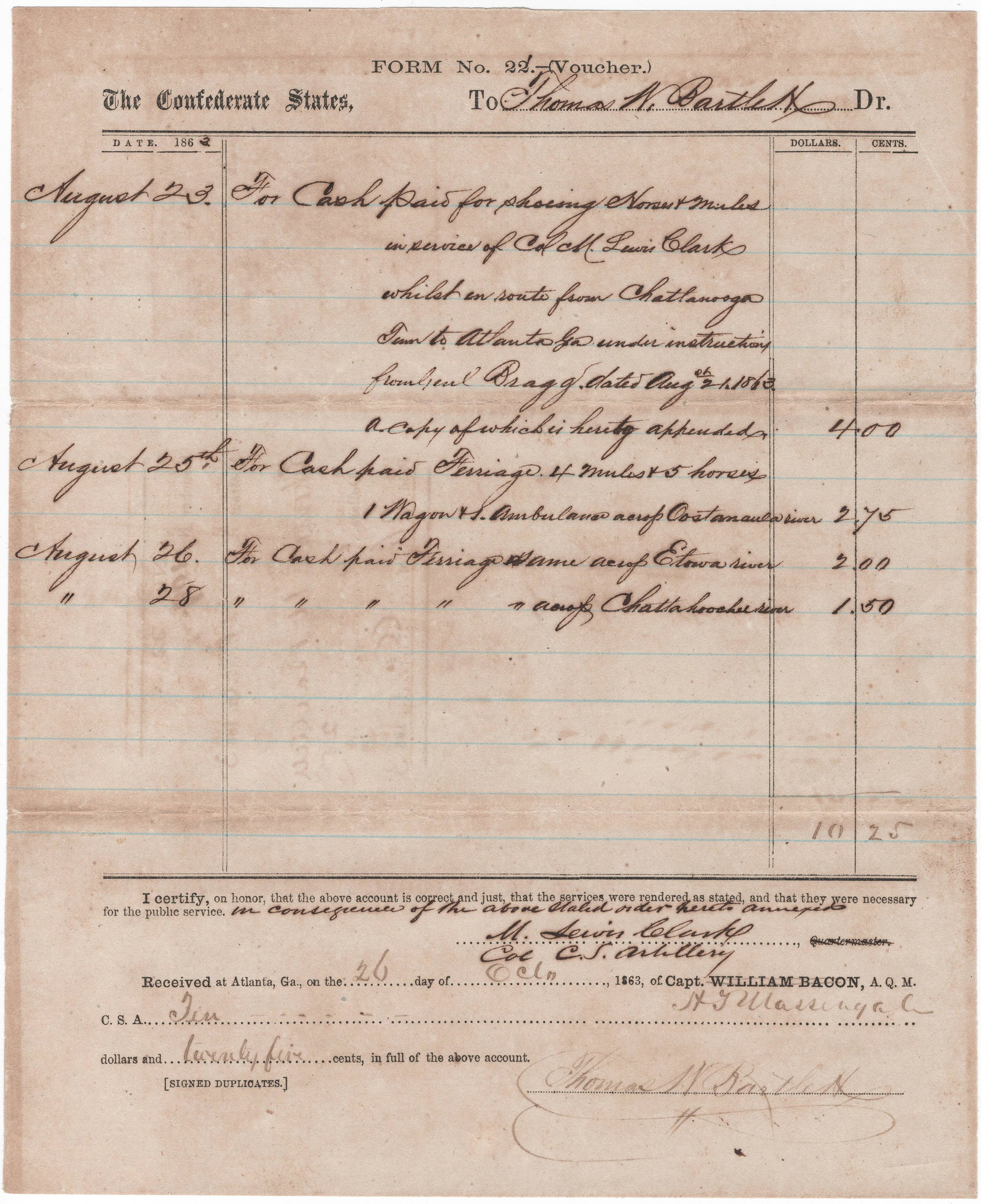 MERIWETHER LEWIS CLARK: (1809-1881) Son of the famed corps of discovery leader William Clark and named after his father's associate Meriwether Lewis. Confederate colonel and commander of artillery who served under Braxton