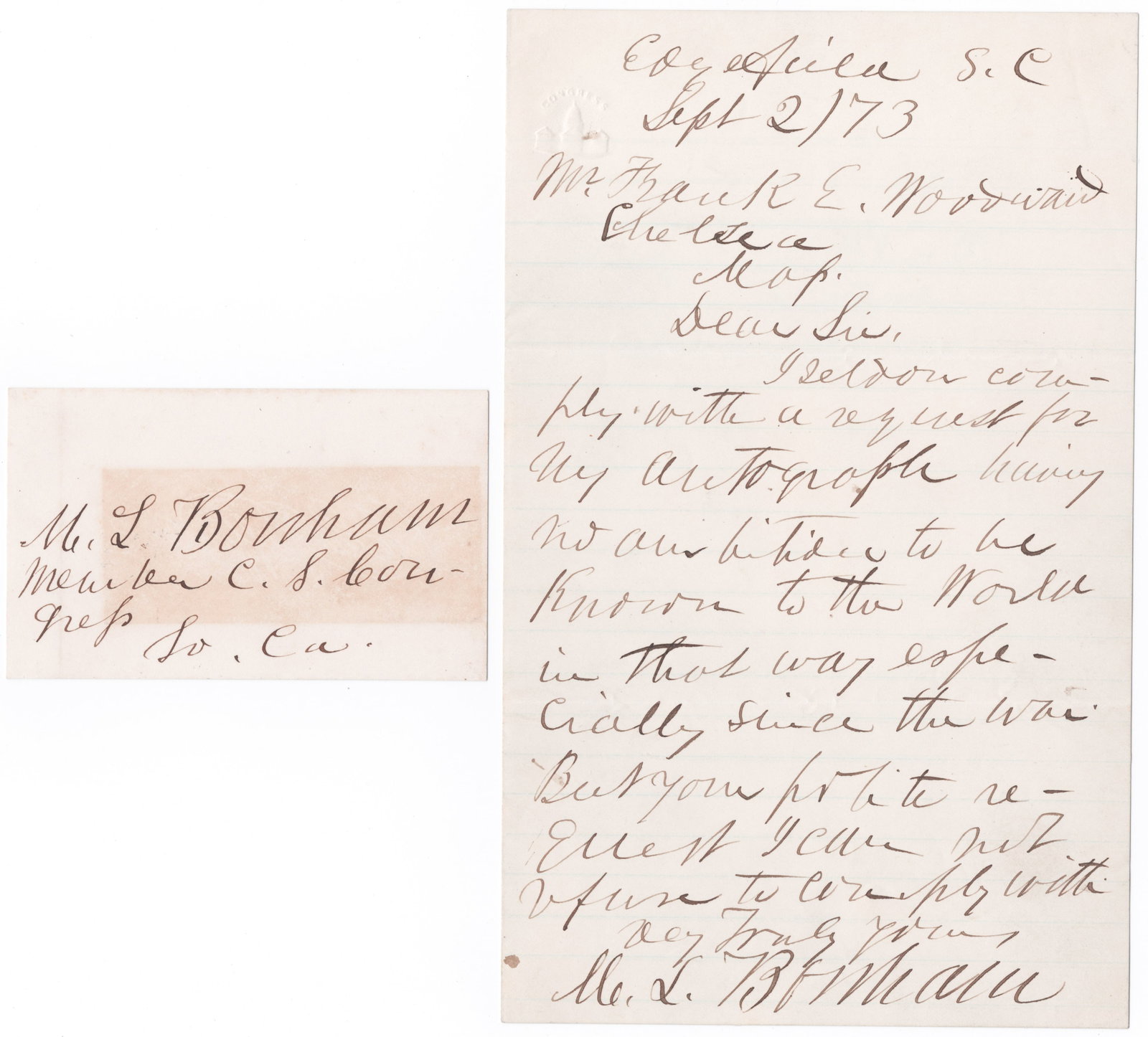 MILLEDGE L. BONHAM (2): (1813-1890) Confederate brigadier general, member of the Confederate Congress and later Governor of South Carolina during the war. Good pair of signed items, includes: A.L.S., 1p. 8vo., Edgefield,