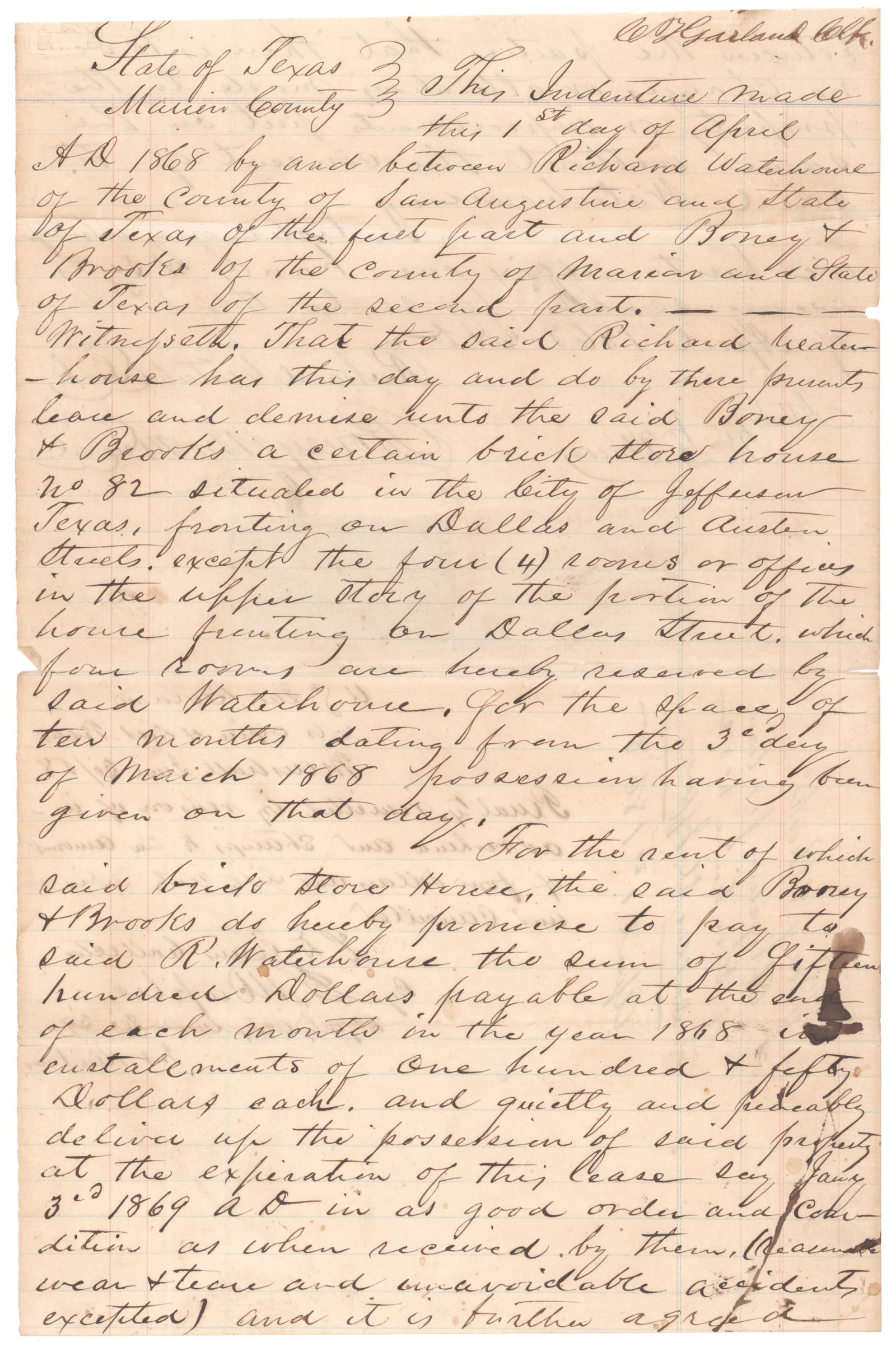 RICHARD WATERHOUSE: (1832 - 1876) Confederate brigadier general who served with Hindman and Holmes in Arkansas and later in the Red River for which he received his promotion. A.D.S. 2pp. legal folio, [Jefferson?], April