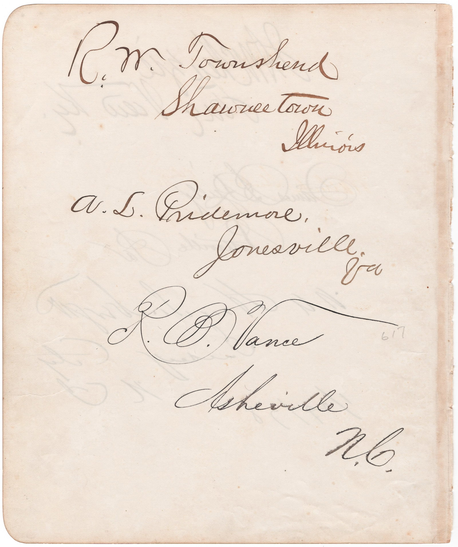 ROBERT BRANK VANCE: (1828-1899) Confederate brigadier general who accompanied Kirby Smith to Kentucky, and was captured at Crosby Creek, Tenn. Bold signature ‘R. B. Vance’ as North Carolina congressman on a