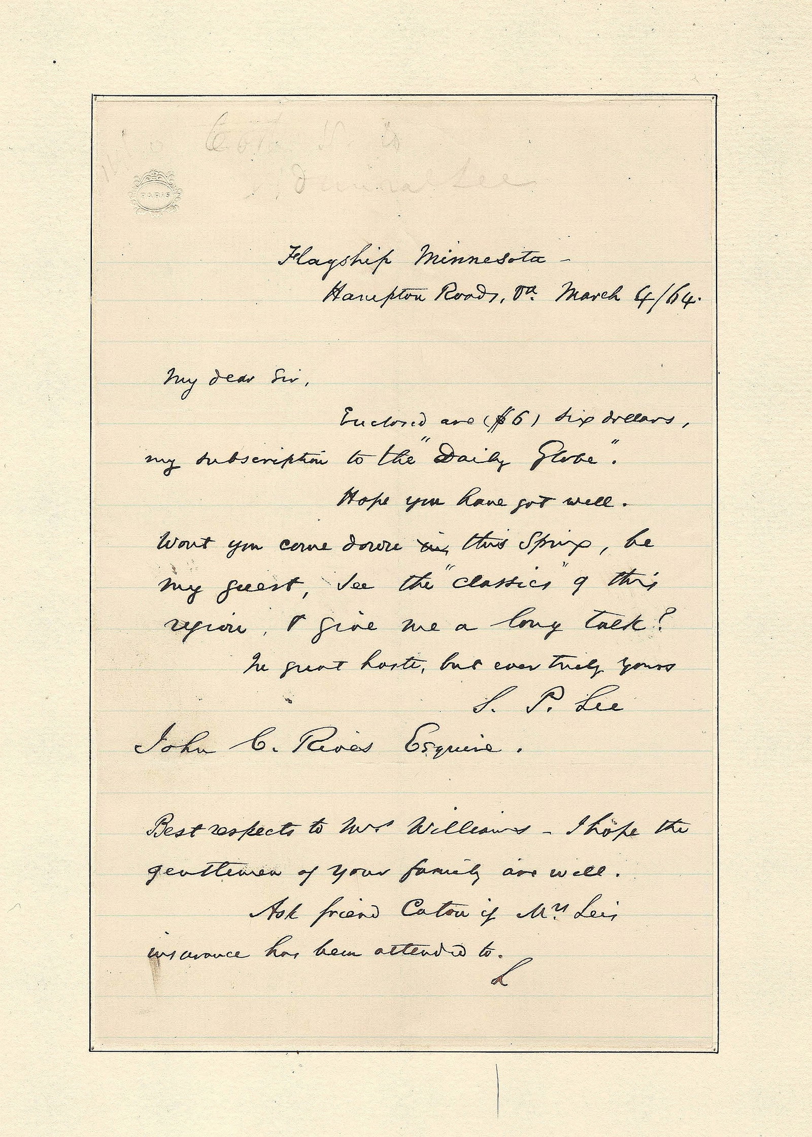 SAMUEL P. LEE: (1812 - 1897) Union rear admiral and a relative of Robert E. Lee, he commanded various blockading squadrons and was active at Vicksburg. War-date A.L.S. ‘S. P. Lee’ 1p. 8vo.,