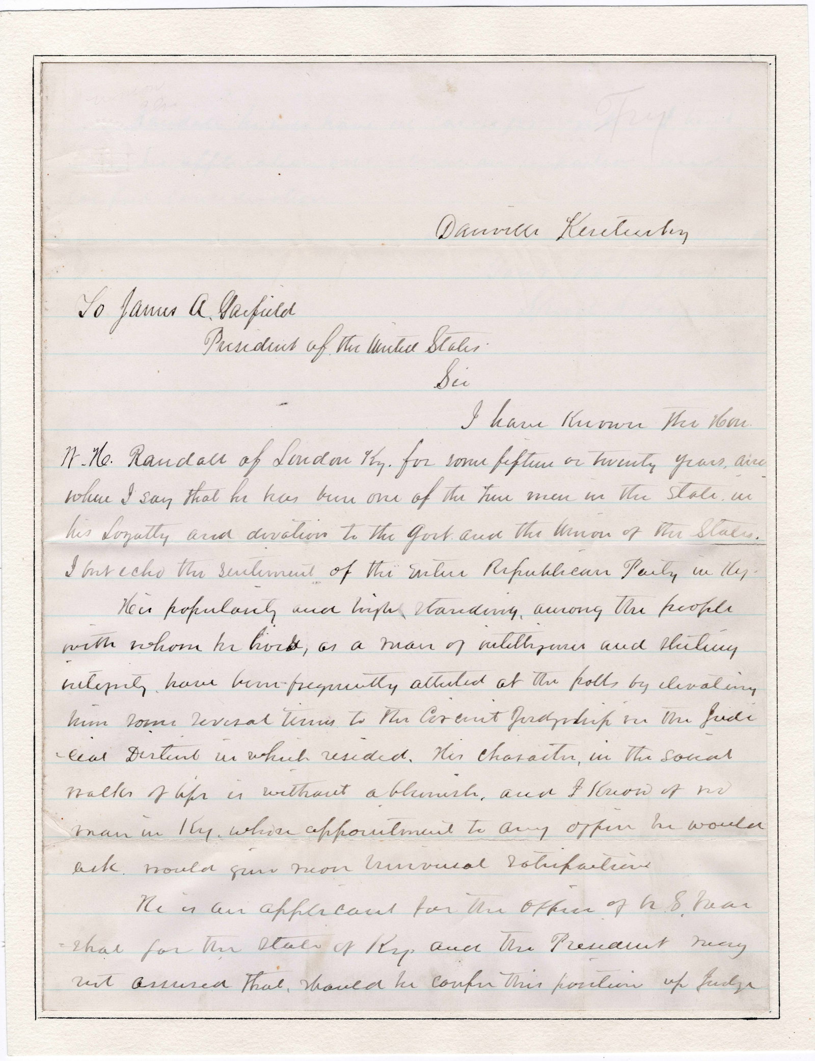 SPEED S. FRY: (1817-1892) Union brigadier general who led the forces that killed Confederate general Felix Zollicoffer at the Battle of Logan's Crossroads. Good association A.L.S., 2pp. 4to., [n.d.], Danville, KY,
