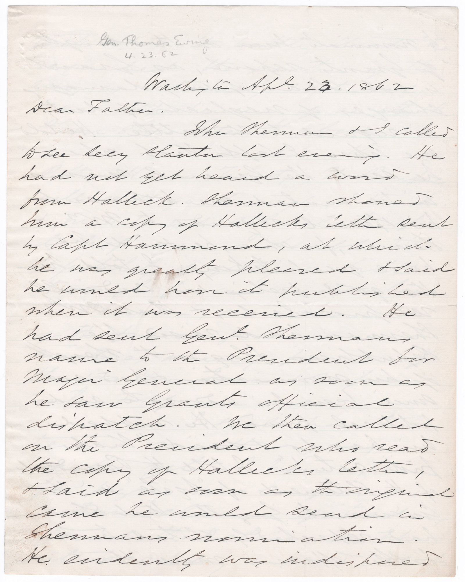 THOMAS EWING, JR.: (1829 - 1896) Union brigadier general who fought with distinction at Pilot Knob and in the subsequent Union retreat. Fine historical content, war-date A.L.S., 4pp. 4to., Washington, D.C., April 23, 18
