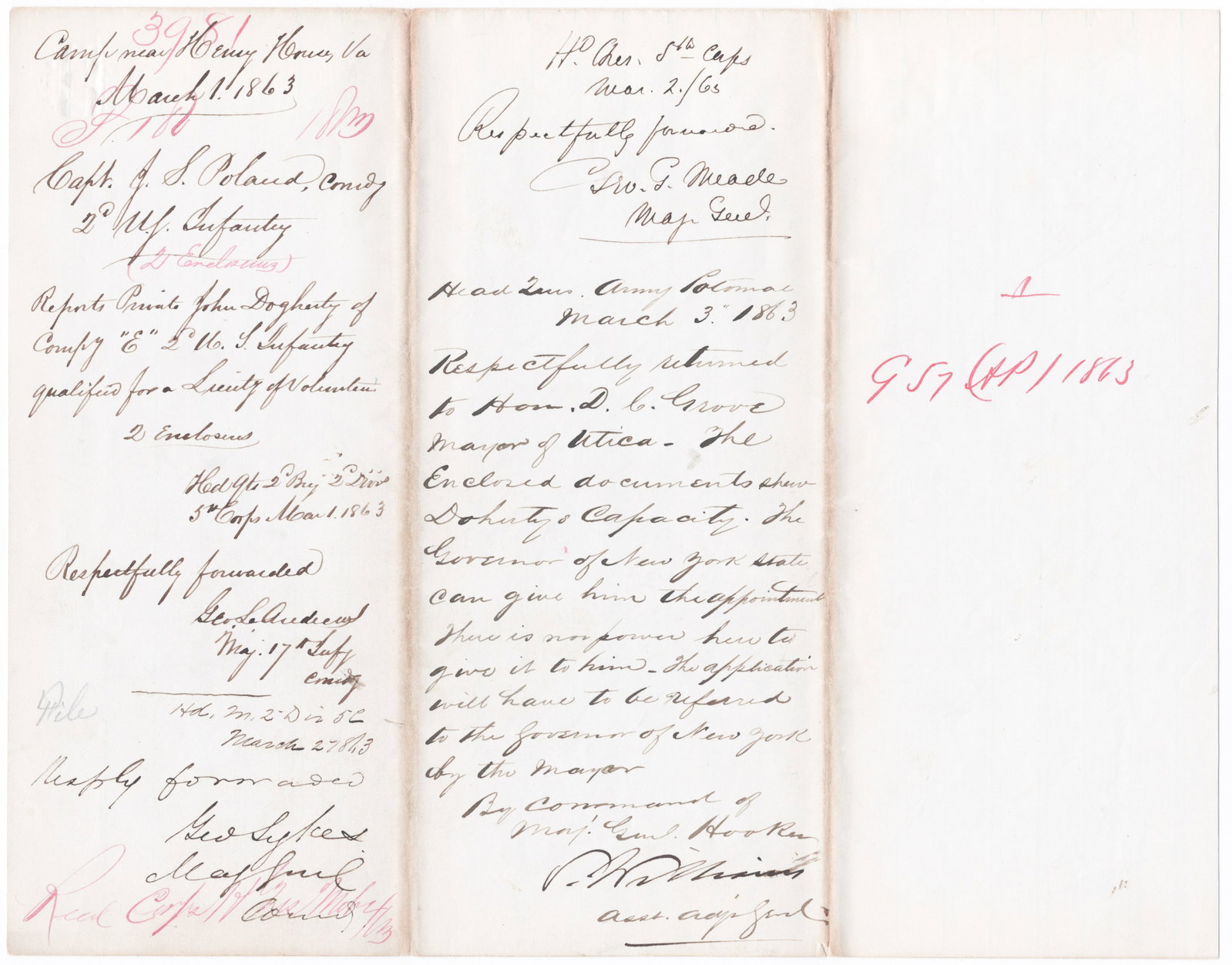 UNION GENERALS GEORGE G. MEADE, GEORGE SYKES AND SETH WILLIAMS: A fine group of signed endorsements on a war-date letter, 1p. 4to., Henry House, VA, March 1, 1863, from a Capt. J. S. Poland of the 2nd U. S. Infantry to Lt. E. E. Sellers of the 2nd Brigade, Sykes