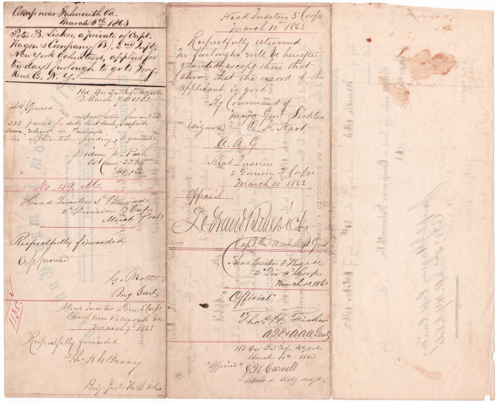 UNION GENERALS HIRAM G. BERRY AND GERSHOM MOTT: Fine association group of A.E.S.’s on the verso of an interesting war-date partly-printed D.S., 1p. 4to., Falmouth, VA, March [n.d.], 1863, a furlough certificate granting leave to a Pvt. Peter 