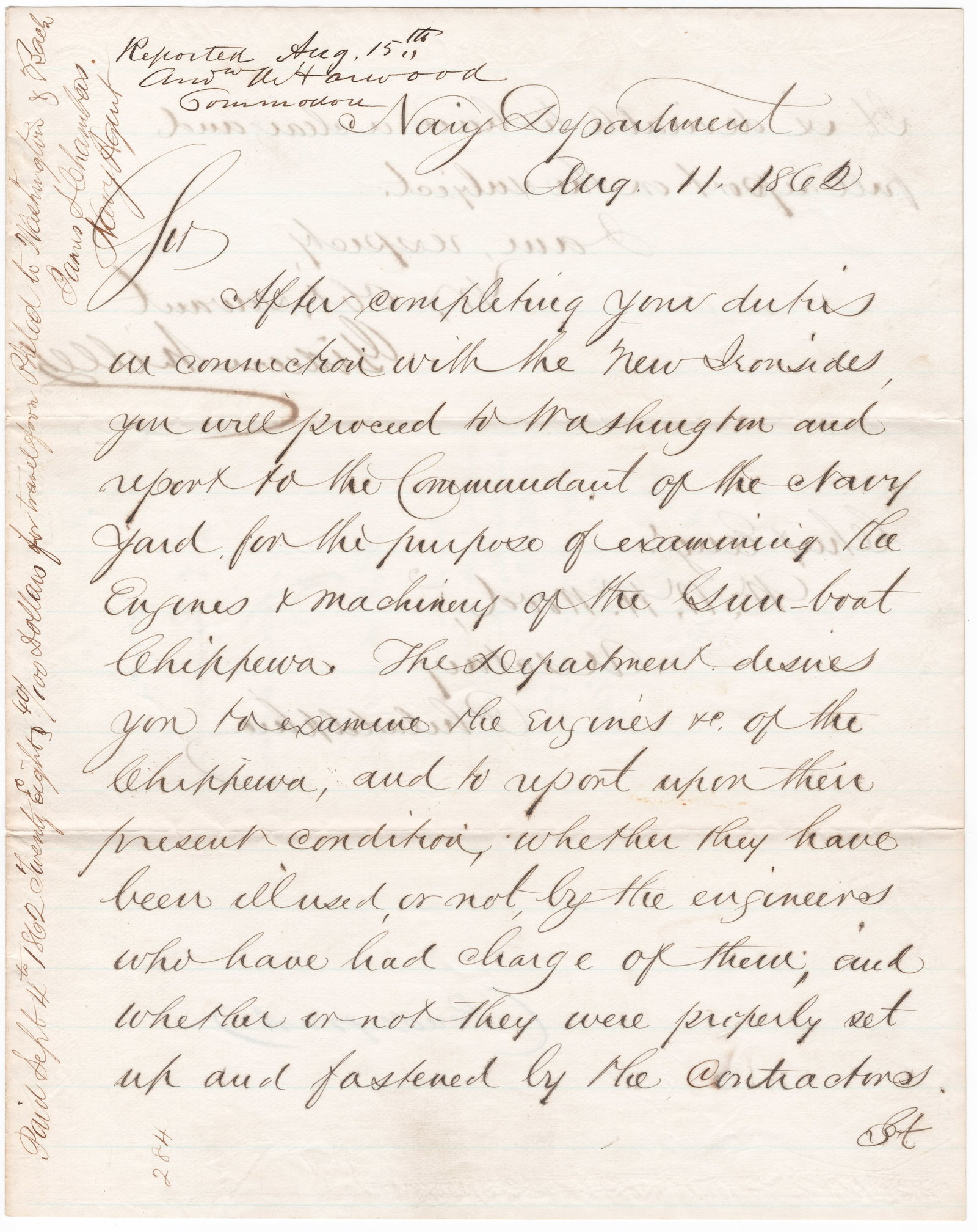(UNION NAVY) GIDEON WELLES, ANDREW HARWOOD AND GARRETT J. PENDERGRAST: Fine association, war-date L.S., 2pp. 4to., [Washington, D.C.], Aug. 11, 1862, from GIDEON WELLES (1802-1878), Lincoln's Secretary of the Navy who proposed the blockage of Southern ports and the