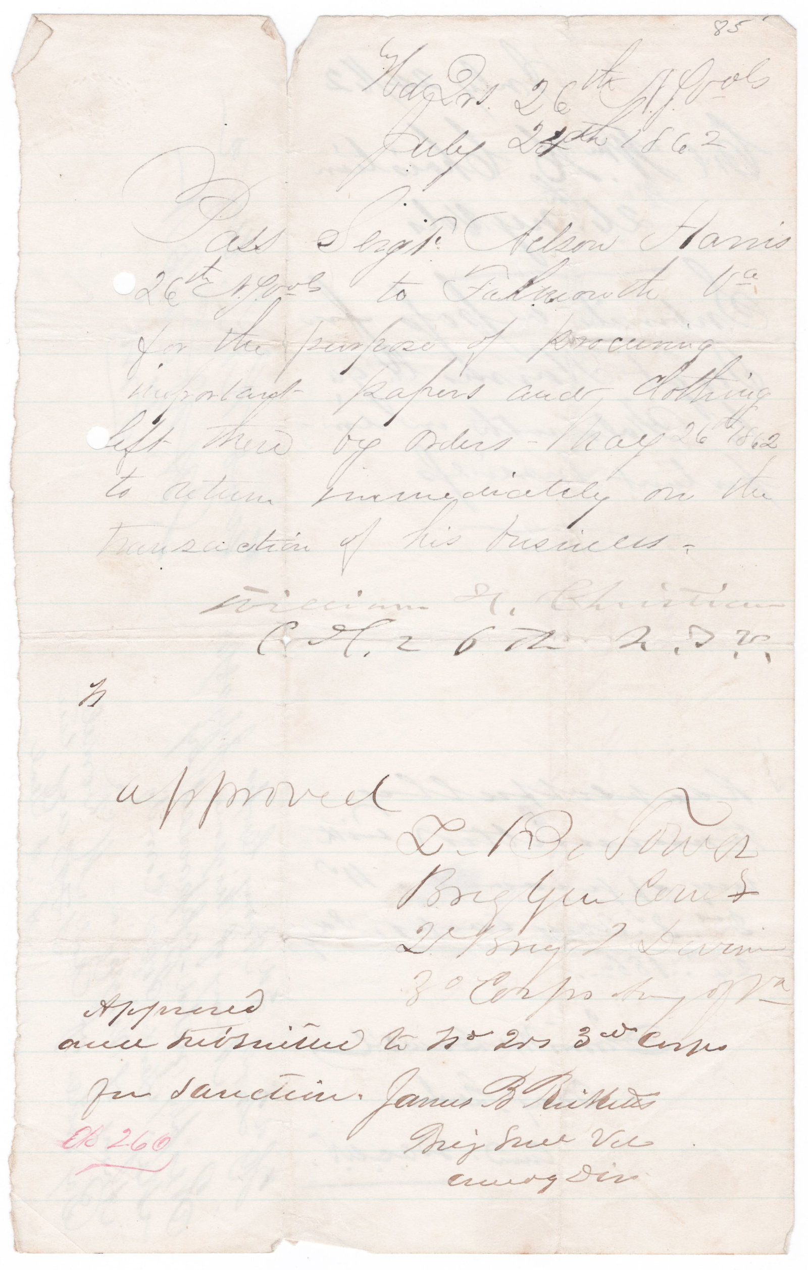 UNION GENERALS ZEALOUS B. TOWER, JAMES B. RICKETTS AND IRWIN MCDOWELL: A fine association group of signed endorsements on a war-date note, 1p. 8vo., [n.p.], July 24, 1862, a pass allowing a Sgt. Nelson Harris of the 26th New Jersey Volunteers to travel to Falmouth, VA to