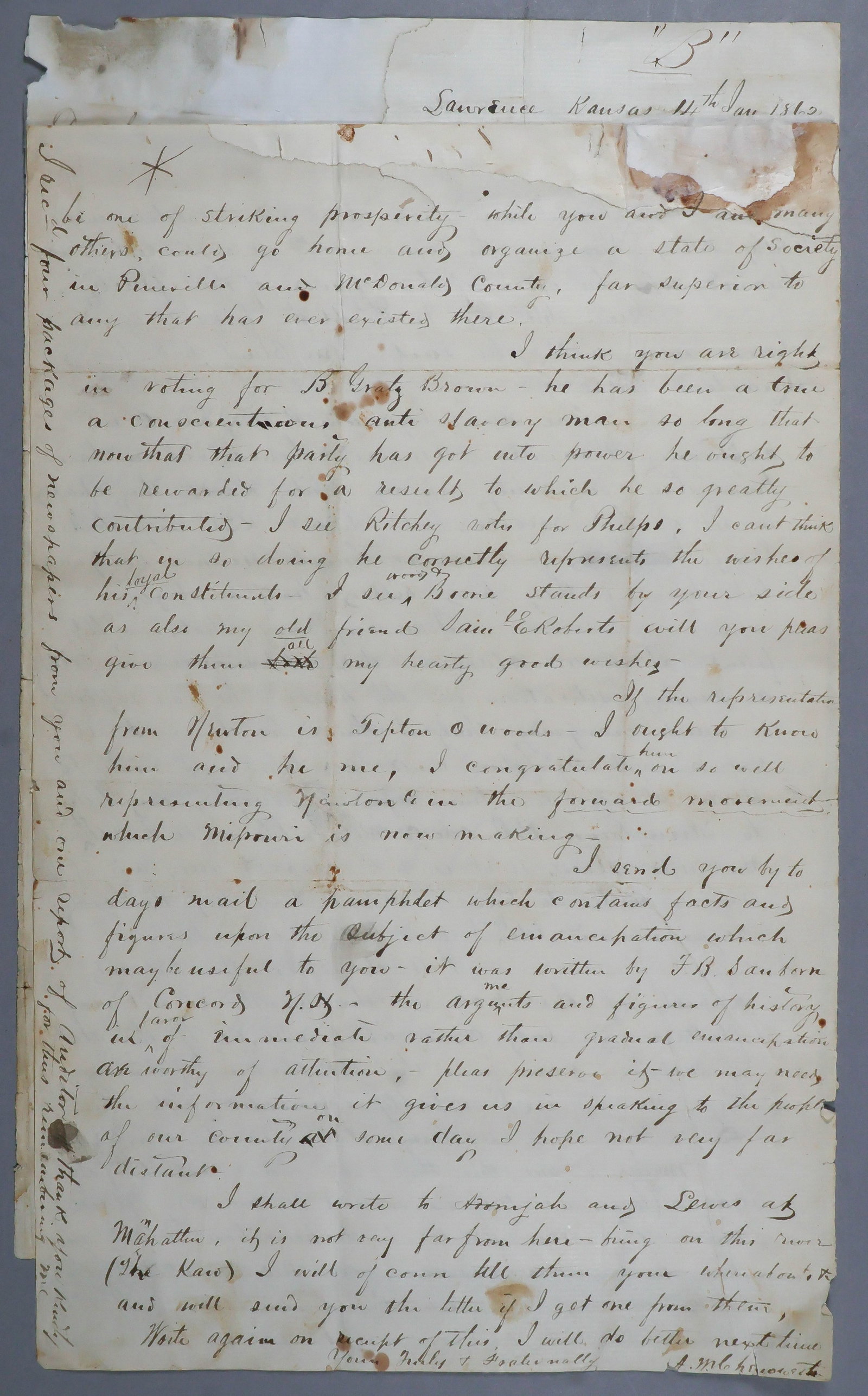 UNION SURGEON’S LETTER: ALBERT W. CHENOWETH (1835-1883) Physician who served with the 14th Kansas Volunteer Cavalry Regiment in the Union Army. A zealous anti-slavery and temperance agitator, he met his end not in battle,
