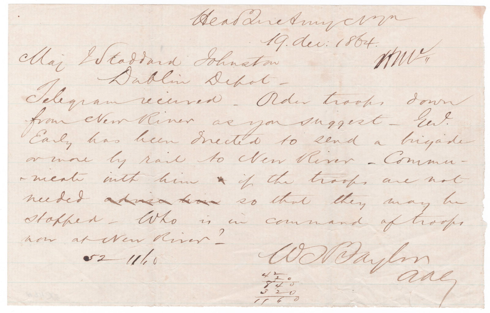 WALTER H. TAYLOR: (1838-1916) Virginia soldier, lawyer, and politician who fought as an officer with the Confederacy, rising to Robert E. Lee's aide-de-camp. Scarce, fine military content war-date A.L.S., 1p. oblong
