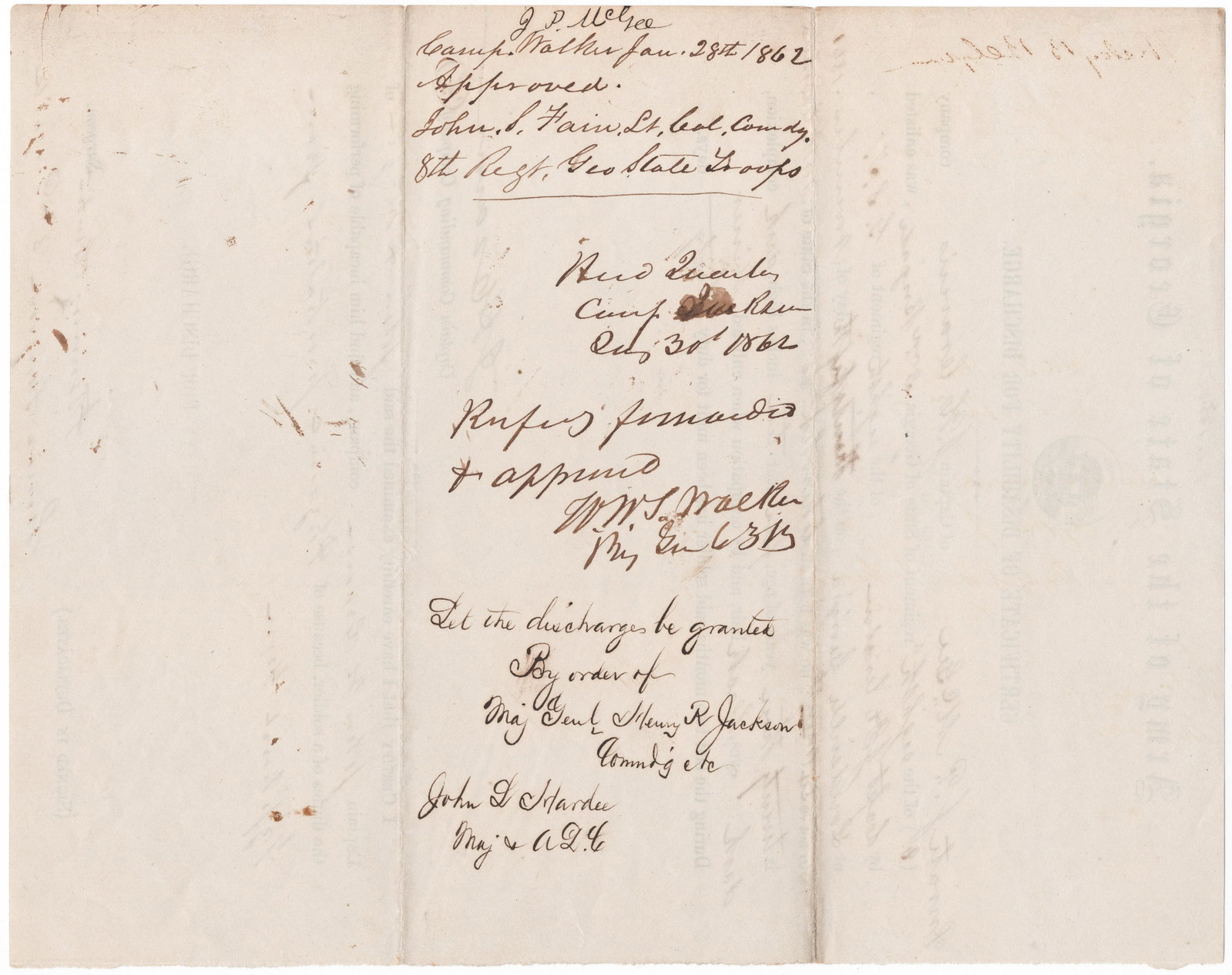 WILLIAM H. T. WALKER: (1816 - 1864) Confederate major general who commanded a brigade at Pensacola. Walker, a much admired leader, was killed in action before Atlanta. Rare, war-date A.E.S. on a partly-printed discharge ce