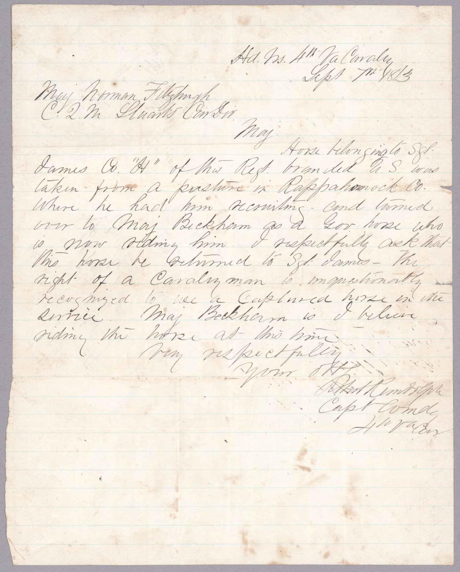 WILLIAM HENRY FITZHUGH LEE: (1837 - 1891) Confederate major general of cavalry and son of R.E. Lee who fought at Chancellorsville, Fredericksburg, and surrendered at Appomattox. Fine association, war-date manuscript E.S. on