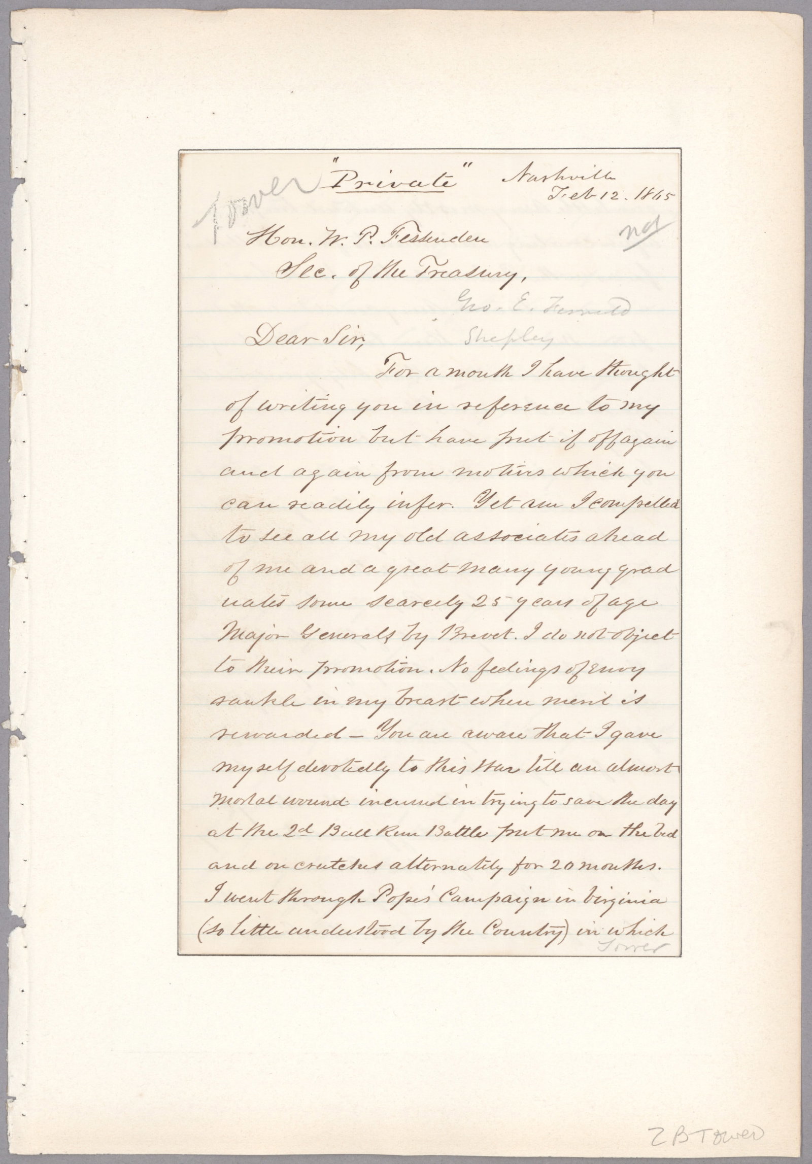 ZEALOUS TOWER REQUESTS A PROMOTION: ZEALOUS B. TOWER (1819 - 1900) Union brigadier general severely wounded at Bull Run, later he fortified Nashville and fought Hood in the region. Lengthy, fine association and content war-date A.L.S.
