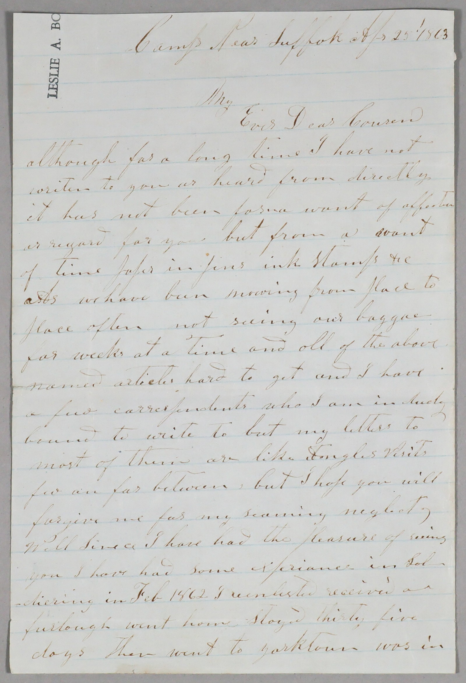 24TH VIRGINIA INFANTRY SOLDIER KILLED AT PICKETT'S CHARGE: Rare letter written by a Confederate soldier who would be killed during Pickett's Charge at Gettysburg on July 3, a few months hence. The letter, 4pp. 8vo., was penned at 'Camp Near Suffolk', Apr.
