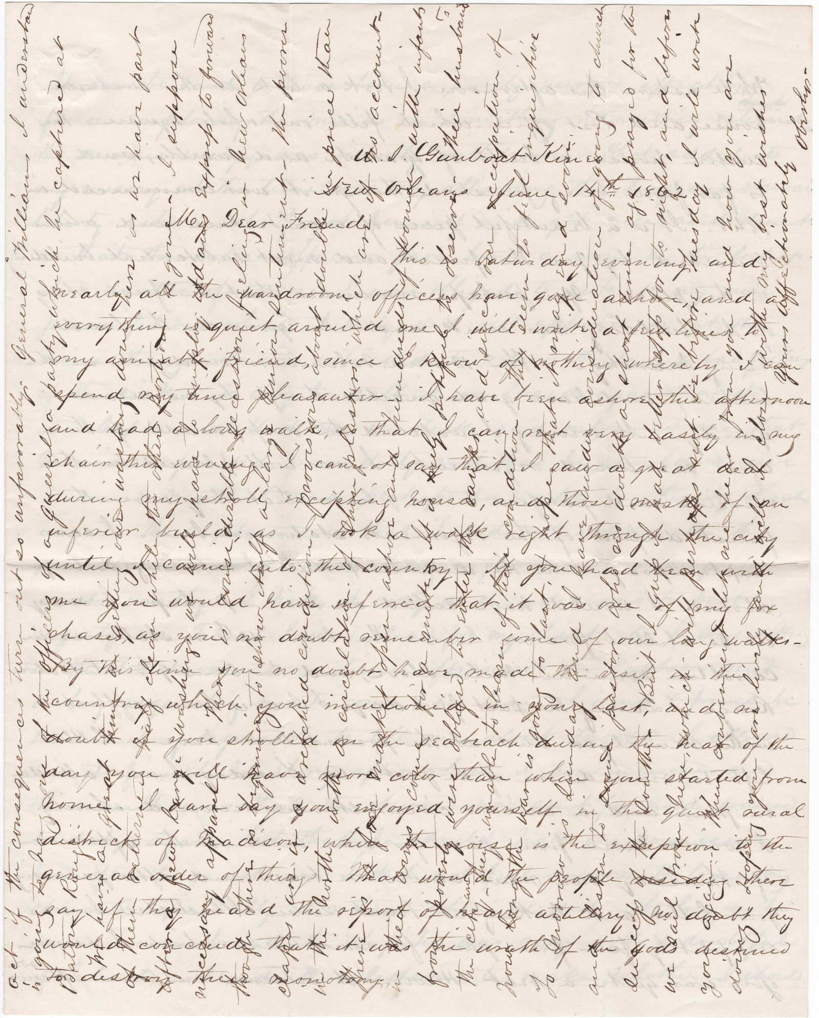 (UNION NAVY) USS KINEO SURGEON DESCRIBES HANGINGS UNDER BUTLER’S RULE IN NEW ORLEANS: A fine content, lengthy war-date letter, 4pp. 4to., New Orleans, June 14, 1862, from U.S. Navy assistant surgeon Aaron S. Oberly of the gunboat USS KINEO to a female friend in Connecticut. Written