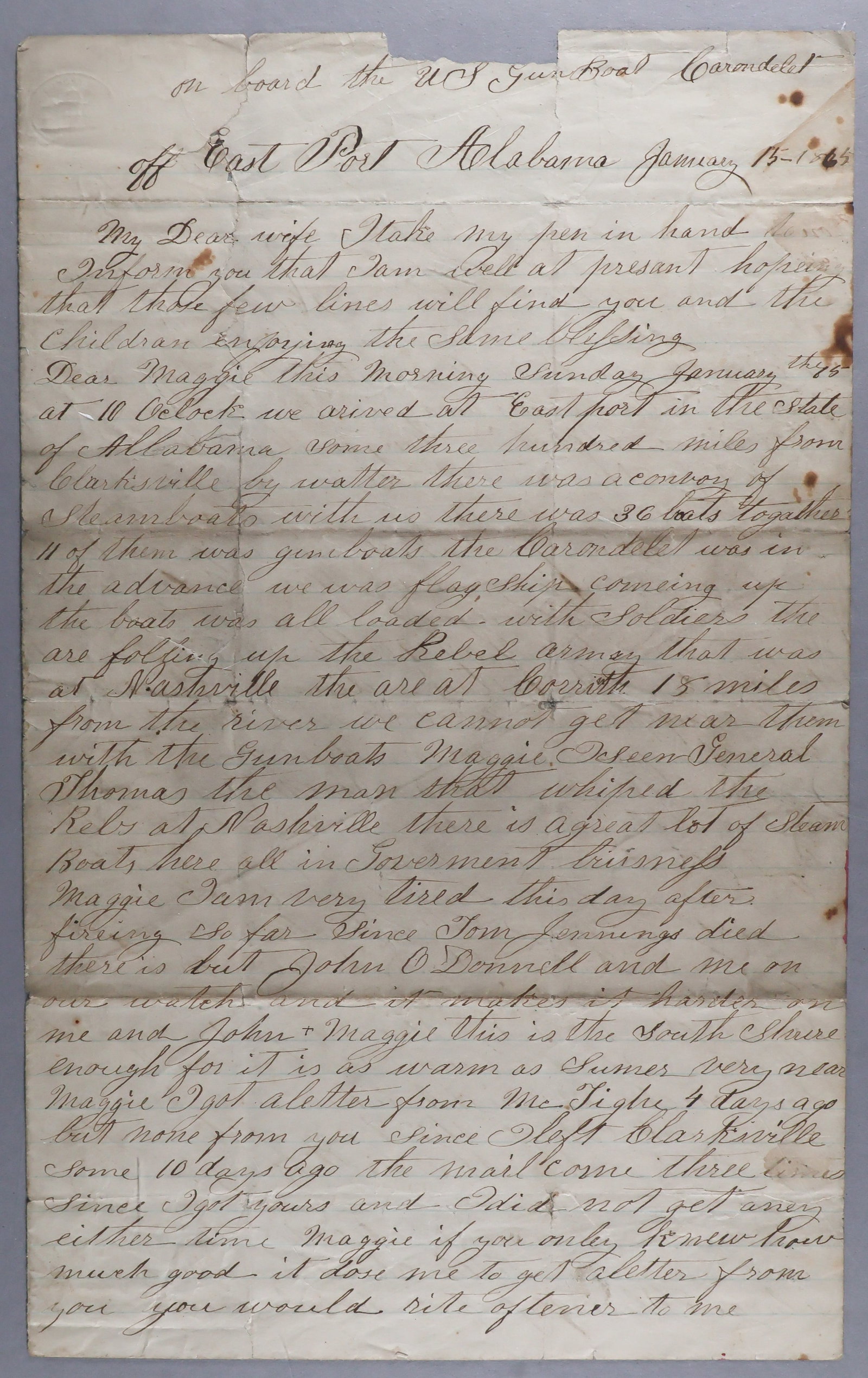 (UNION NAVY) USS CARONDELET SAILOR CHASES HOOD AFTER NASHVILLE: A fine content, war-date letter, 4pp. legal folio, East Port, AL, Jan. 15, 1865, from U.S. Navy boilerman John Hagerty of the City-class ironclad gunboat USS CARONDELET, to his wife, Maggie. Hagerty