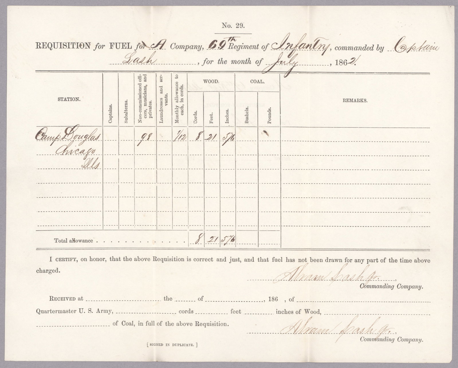 CAMP DOUGLAS FUEL REQUISITION: War-date, partly-printed D.S. 1p. 4to., Chicago, July, 1862, a requisition for fuel for Co. A, 69th Regt. Infantry, signed by Captain JOHN FRANKLIN LASH (1838-1899). Camp Douglas became a Confederate