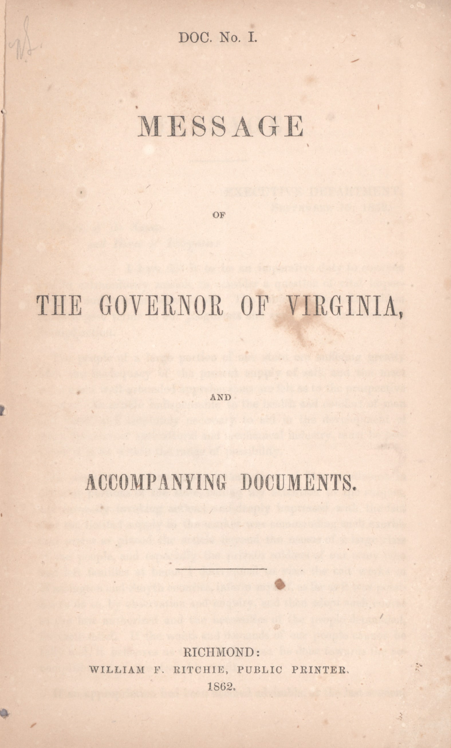 [JOHN LETCHER]: (1813 - 1884) Confederate Governor of Virginia who was succeeded by ‘Extra Billy’ Smith and imprisoned for several months following the South's surrender. Scarce imprint, ‘Message