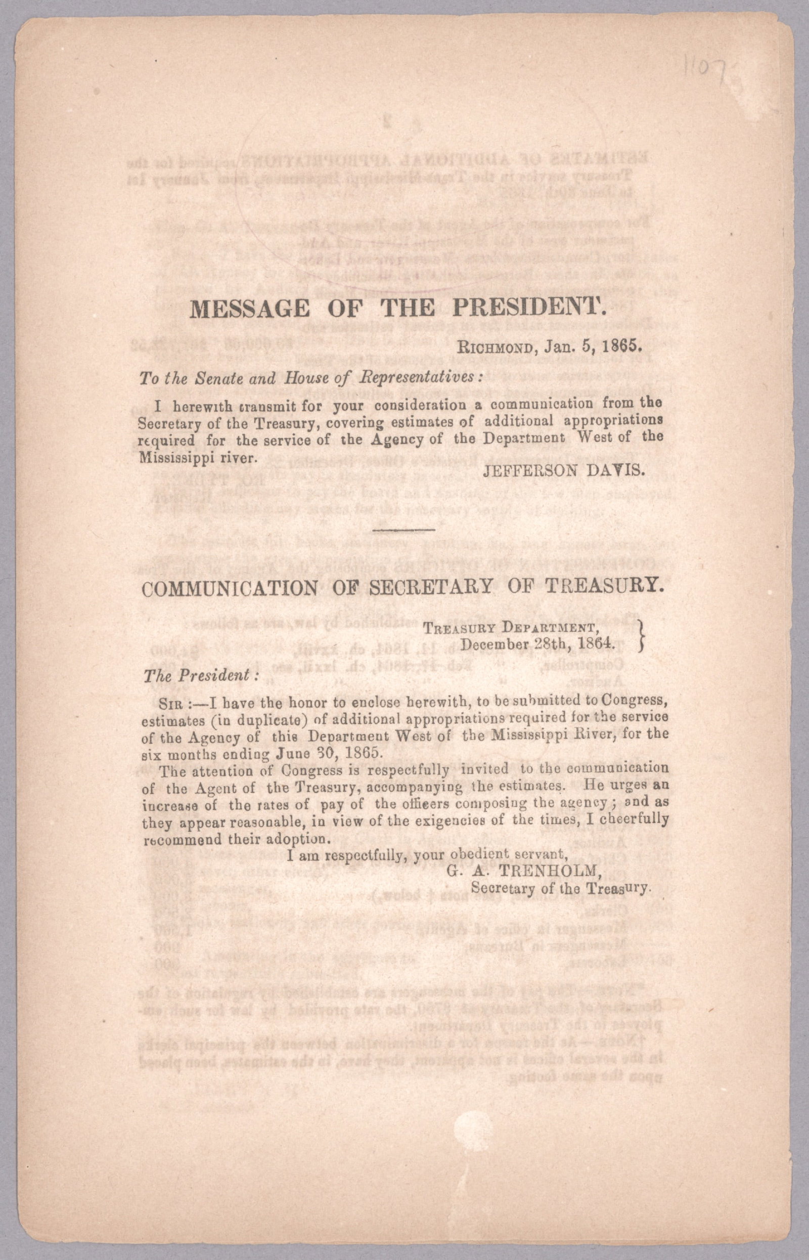 JEFFERSON DAVIS DESPERATELY SEEKS FUNDS TO MAINTAIN CONFEDERATE OPERATIONS IN THE WESTERN THEATER: Scarce pamphlet ‘Message of the President, Richmond, Jan. 5, 1865 to the Senate and House of Representatives….a communication from the Secretary of the Treasury, covering estimates of