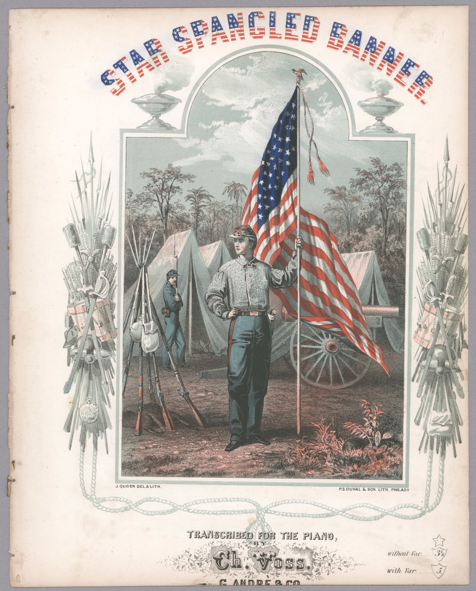 'STAR SPANGLED BANNER' SHEET MUSIC: Civil War-era sheet music with lyrics, the 'Star Spangled Banner", 4pp. approx. 9.75 x 12.5 in., lithographed by P. S. Duval and Son, Phila. Last page bears some foxing, else very good. A nice display