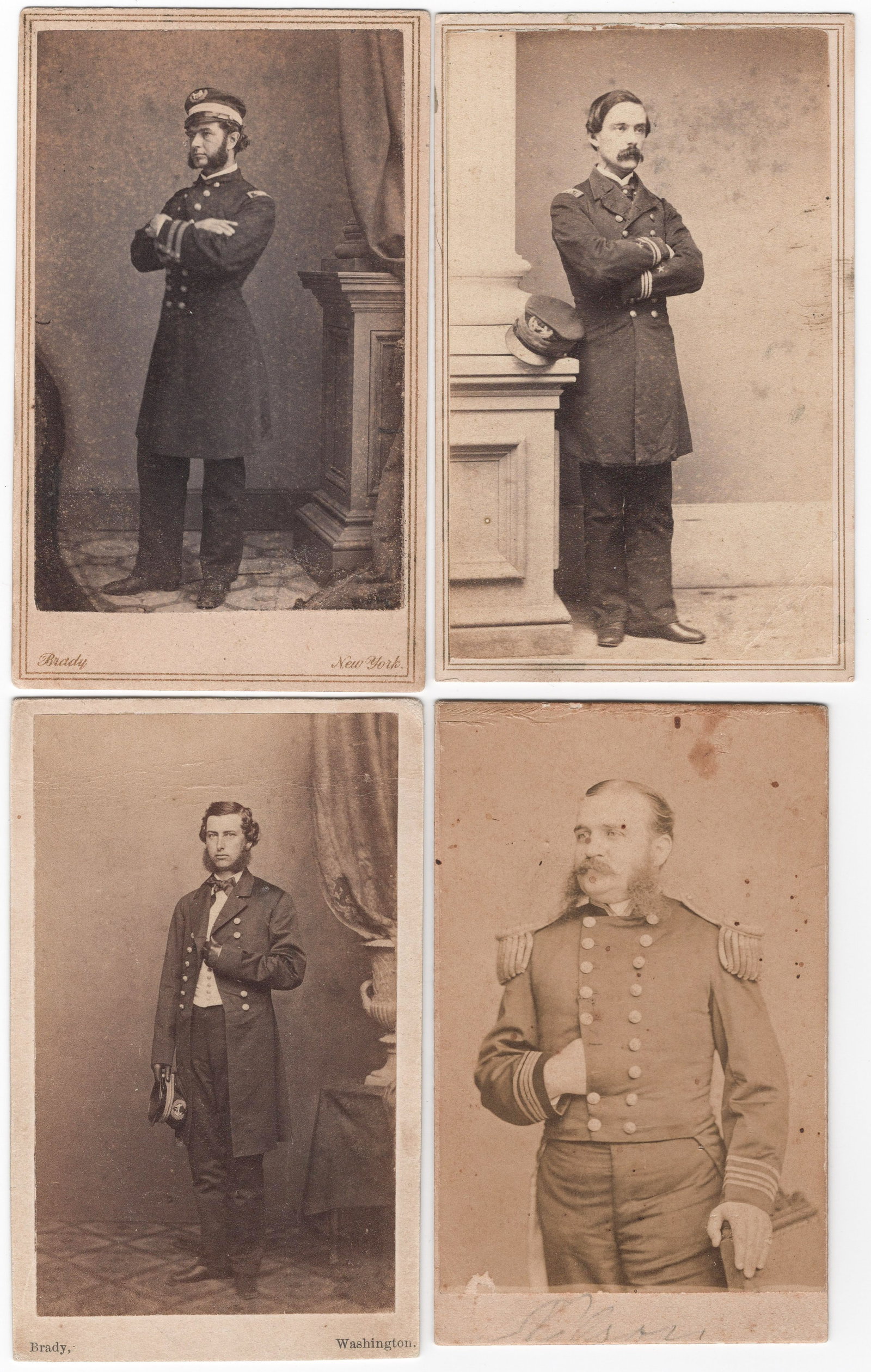 (UNION NAVY) NAVAL OFFICERS’ CARTE DE VISITE PHOTOGRAPHS (4): A fine lot of four Civil War-era carte de visite photographs, all portraits of U.S. Navy officers, includes: a full-length view of future Rear Admiral THOMAS H. PATTERSON (1820-1889), 2.25 x 4 in.
