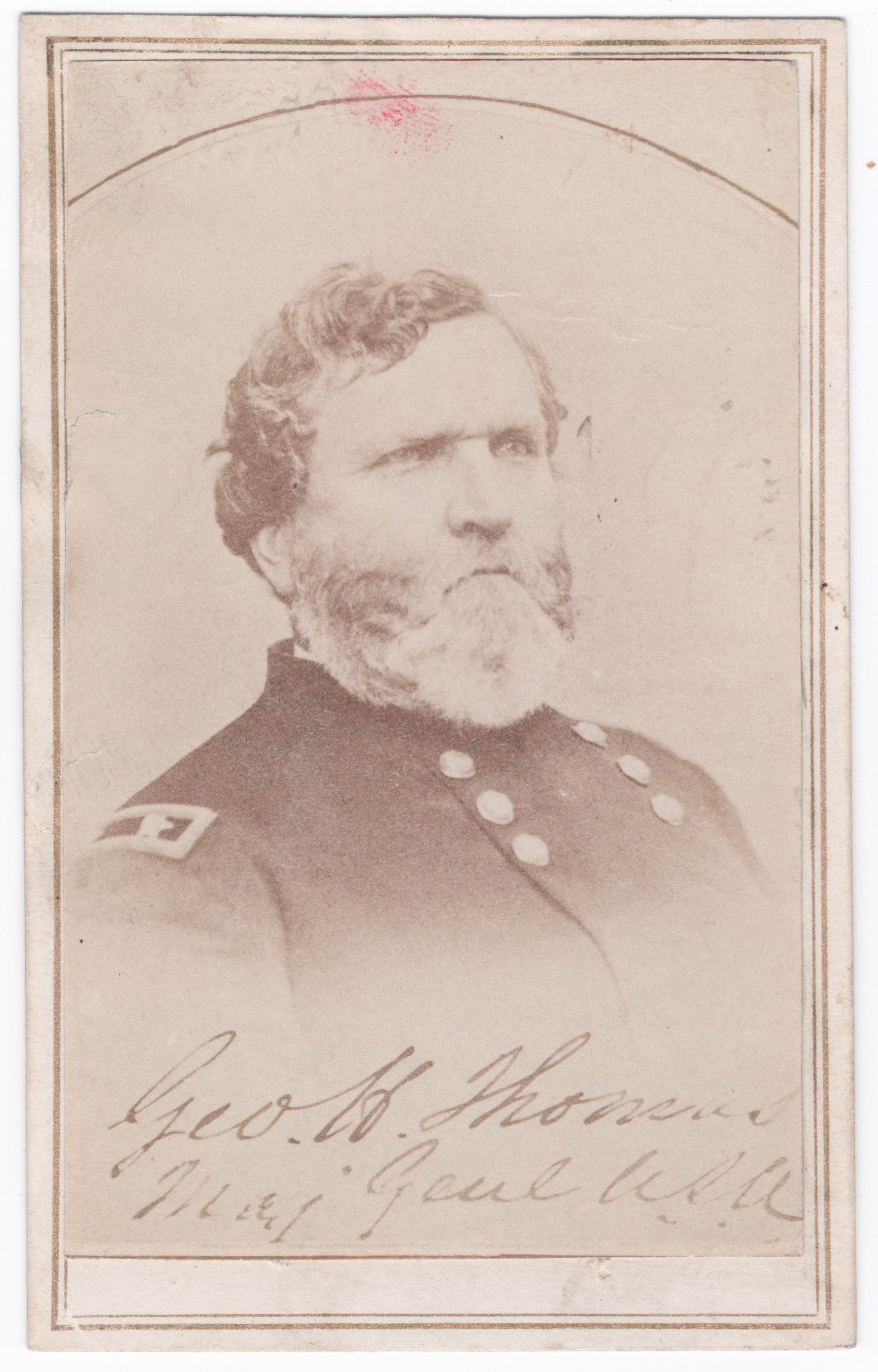 (GEORGE H. THOMAS): (1816 - 1870) Union major general, ‘The Rock of Chickamauga', Thomas led at Chickamauga, Shiloh, Atlanta and Franklin. A carte de visite photograph, 2.5 x 4 in. sepia, featuring a chest-up view