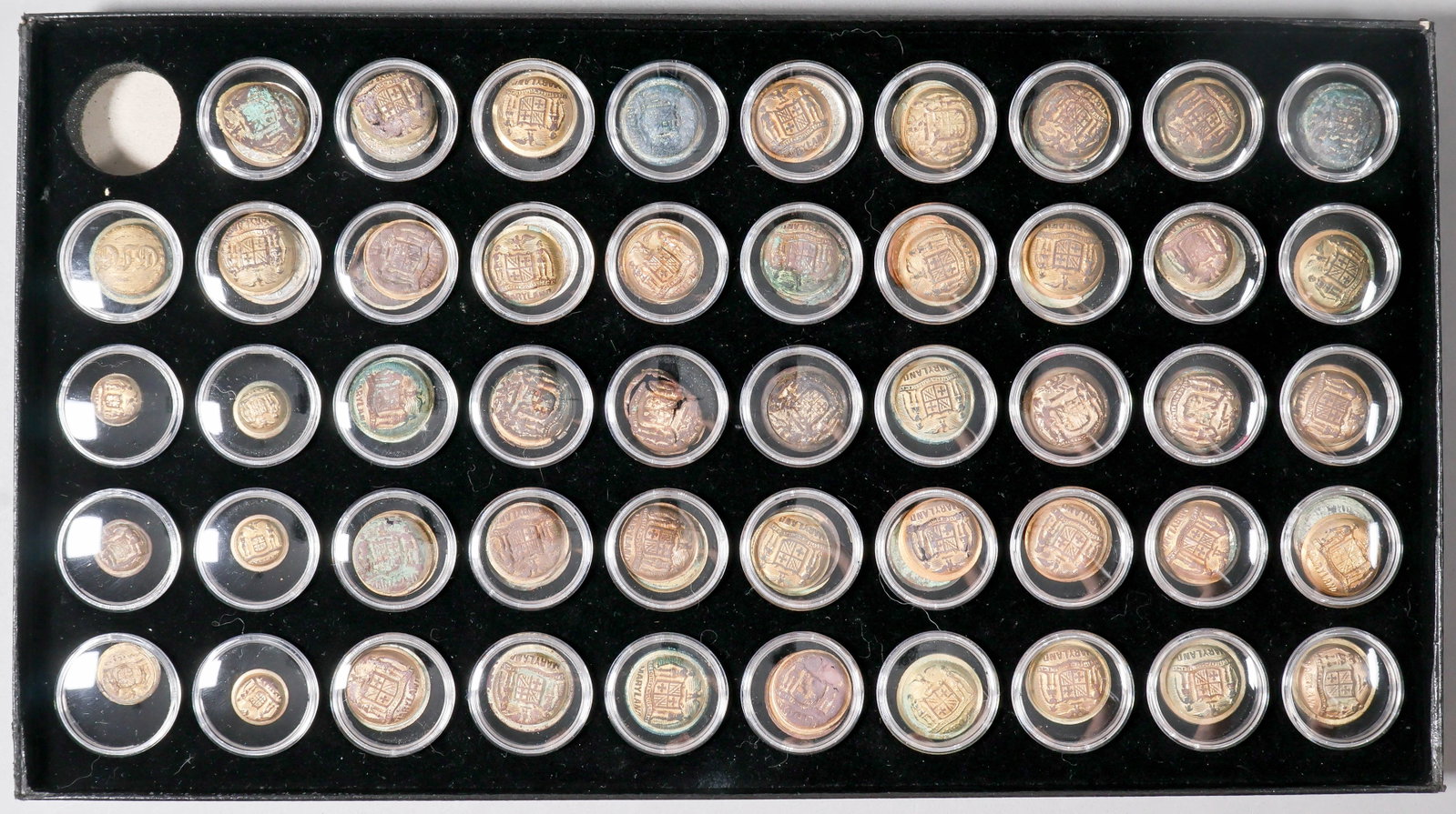 MARYLAND CIVIL WAR AND LATE NINETEENTH CENTURY BUTTON COLLECTION, (49): A collection of 49 Union uniform buttons from Maryland, most of which are National Guard or state militia, generally 22mm dia., with the state’s coat of arms at center. Issued by the Waterbury