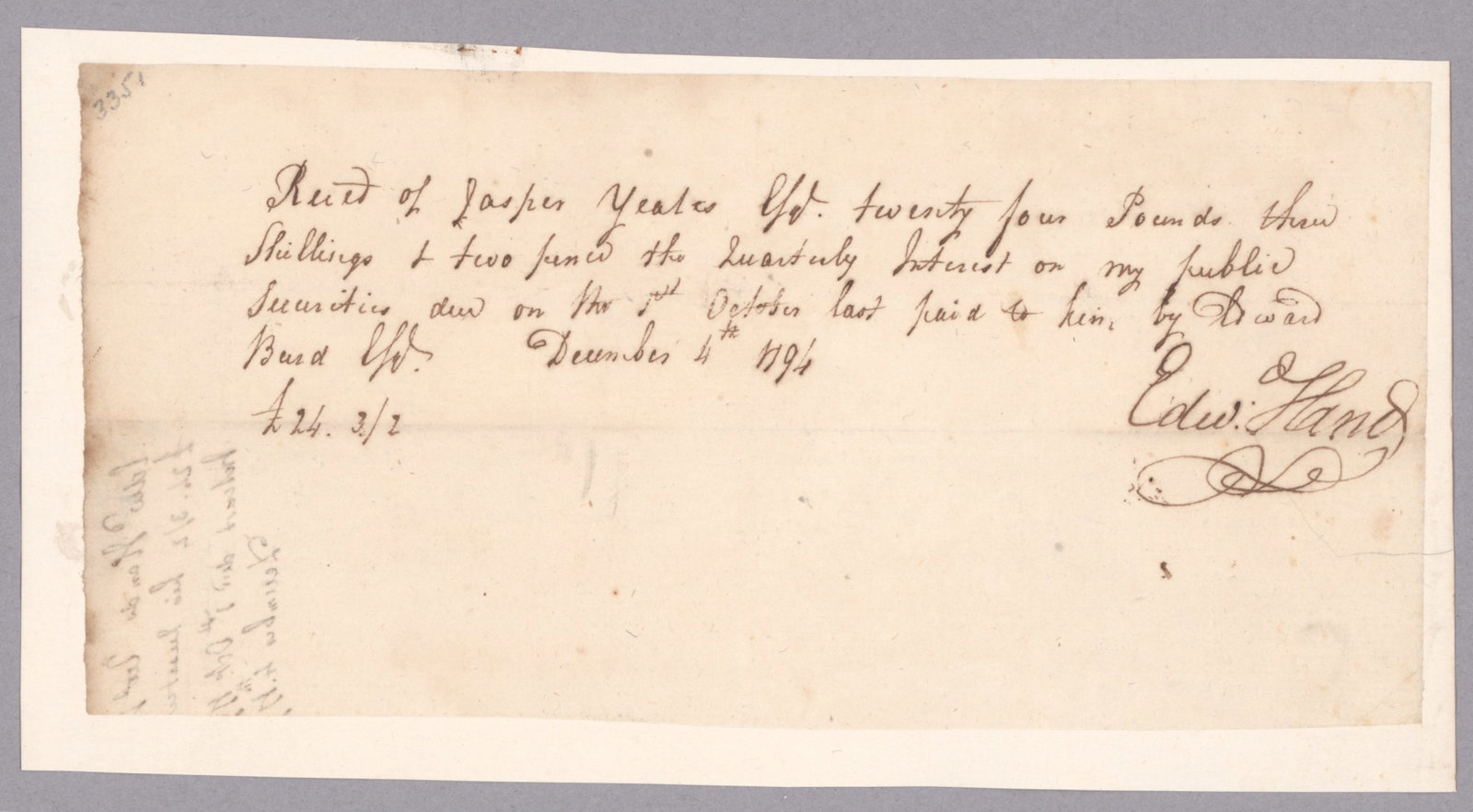 EDWARD HAND: (1744 - 1802) Revolutionary War general who commanded troops at Long Island and Trenton, and as Adjutant General assisted Washington at Yorktown. Manuscript D.S. 1p. 12mo., [n.p.], Dec. 4, 1794, a