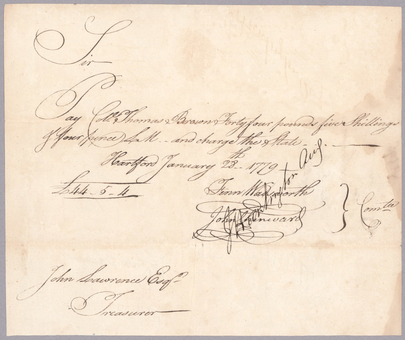 JEDEDIAH HUNTINGTON: (1743 - 1818) Revolutionary War brigadier general who repulsed the raid on Danbury, and served on the courts martial of Charles Lee and Major John Andre. War-date partly-printed D.S., 1p. oblong