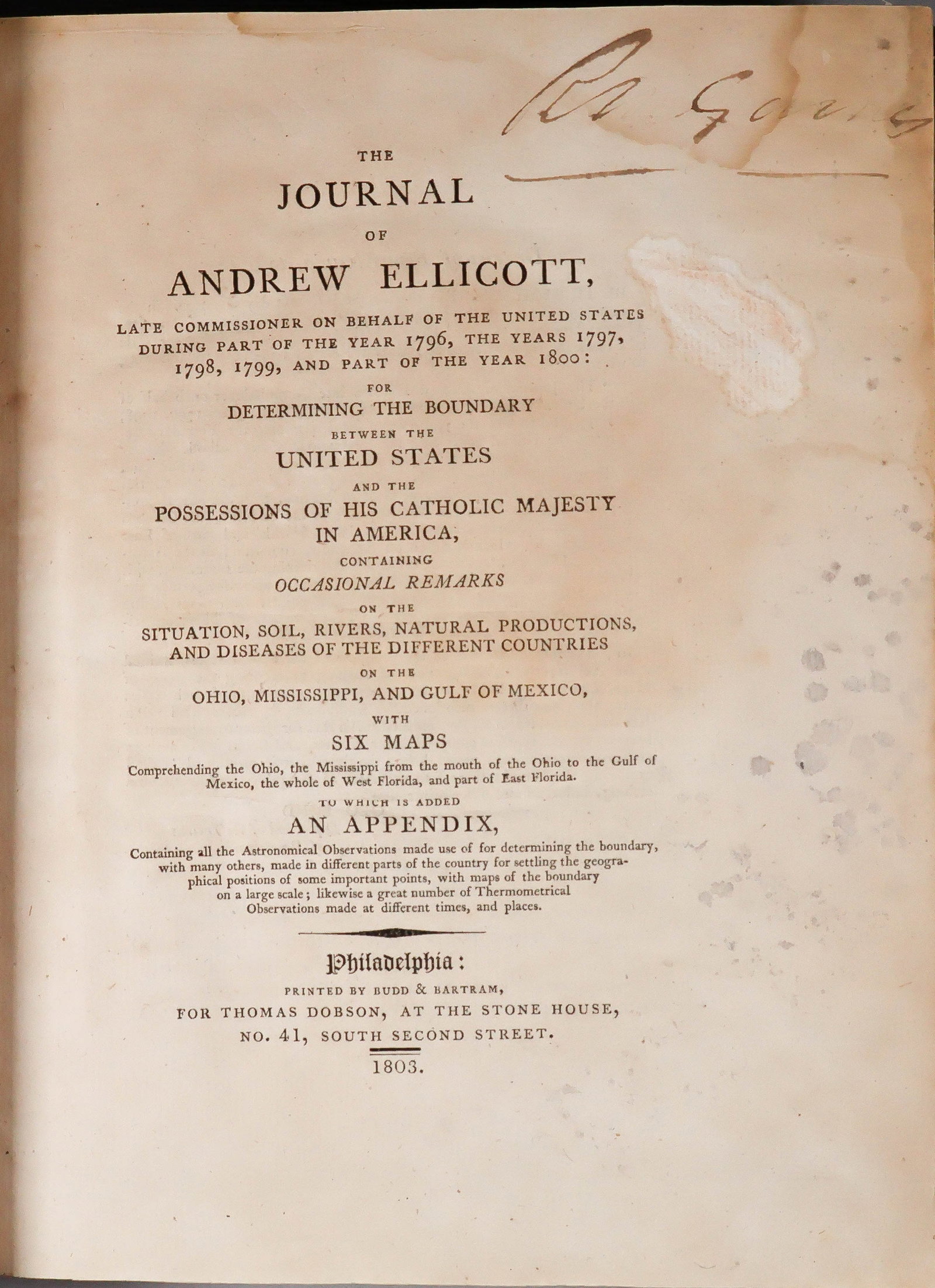 'THE JOURNAL OF ANDREW ELLICOTT', 1803 FIRST EDITION, COMPLETE (1 of 13)