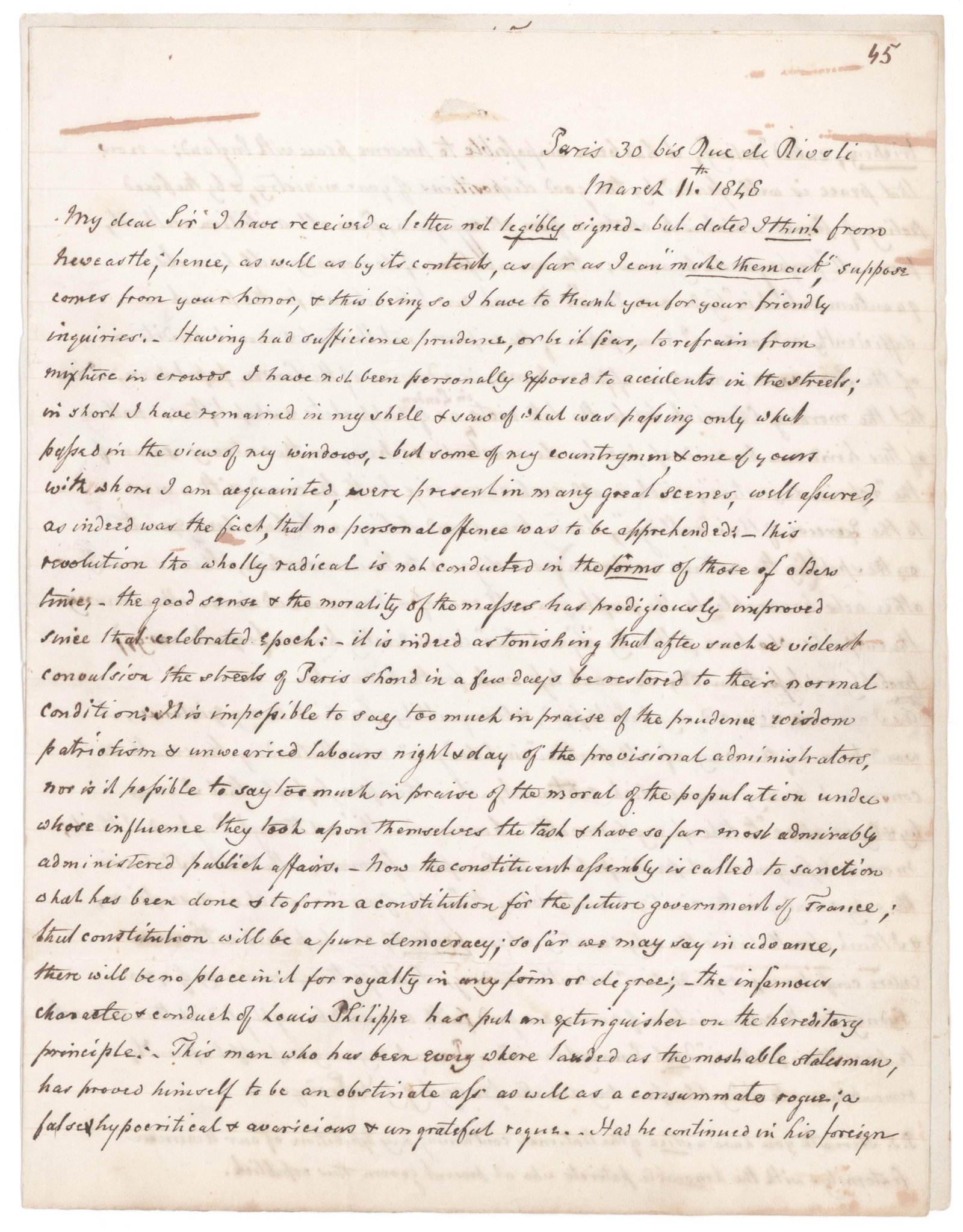 AMERICAN DIPLOMAT WITNESSES THE FRENCH REVOLUTION OF 1848: GEORGE W. ERVING (1769-1850) American diplomat mostly focusing his energy on Europe, largely in Spain as Charge d’Affaires. A.L.S., 2pp. 4to., Paris, Mar. 11, 1848, to CUTHBERT SHARPE