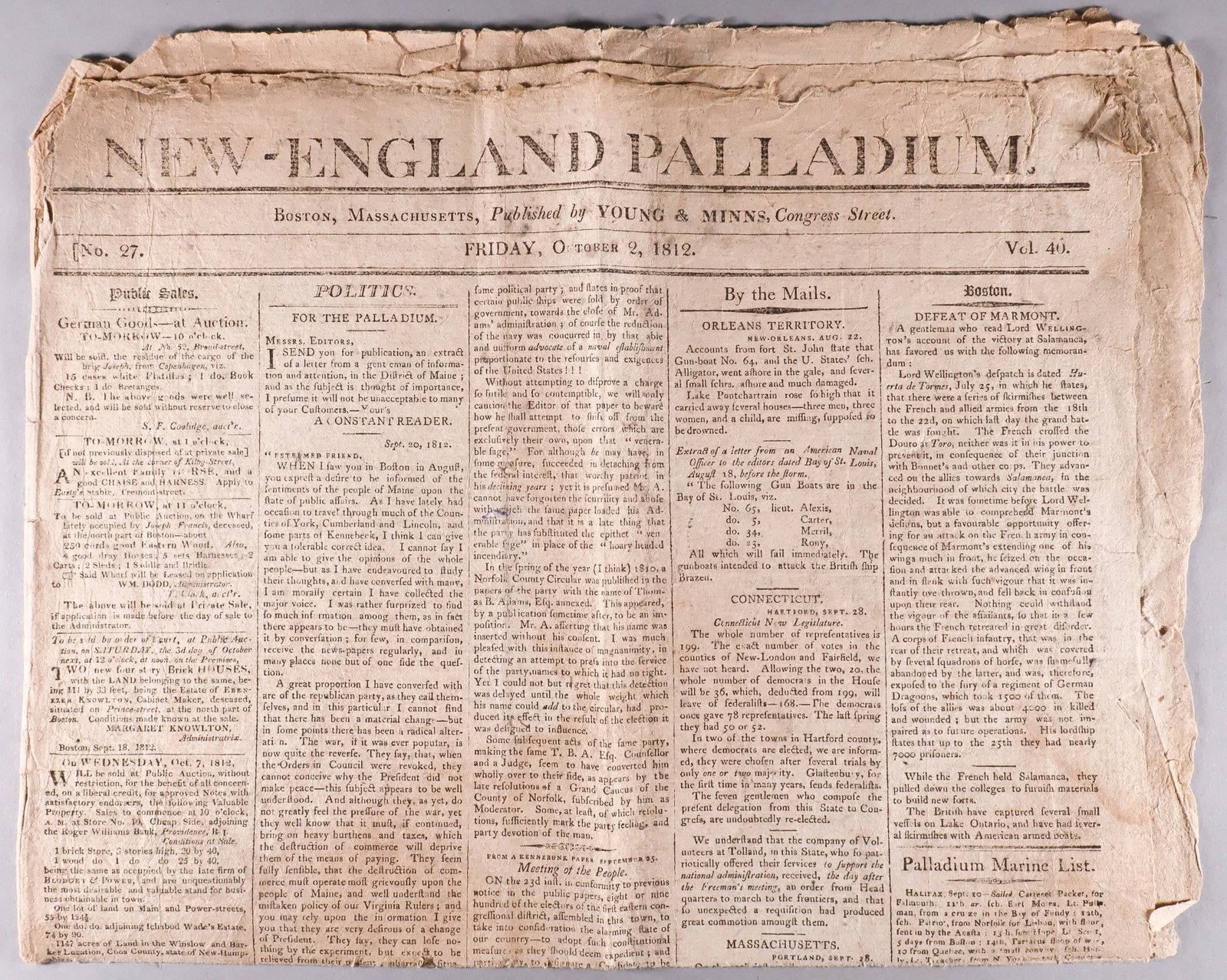 'NEW-ENGLAND PALLADIUM': A copy of the 'New-England Palladium', Vol. 40, No. 27, October 2, 1812. 4pp. bifolium, 13 x 22 in. Published by Young & Minns, Boston, with War of 1812 news stories as well as local news, including