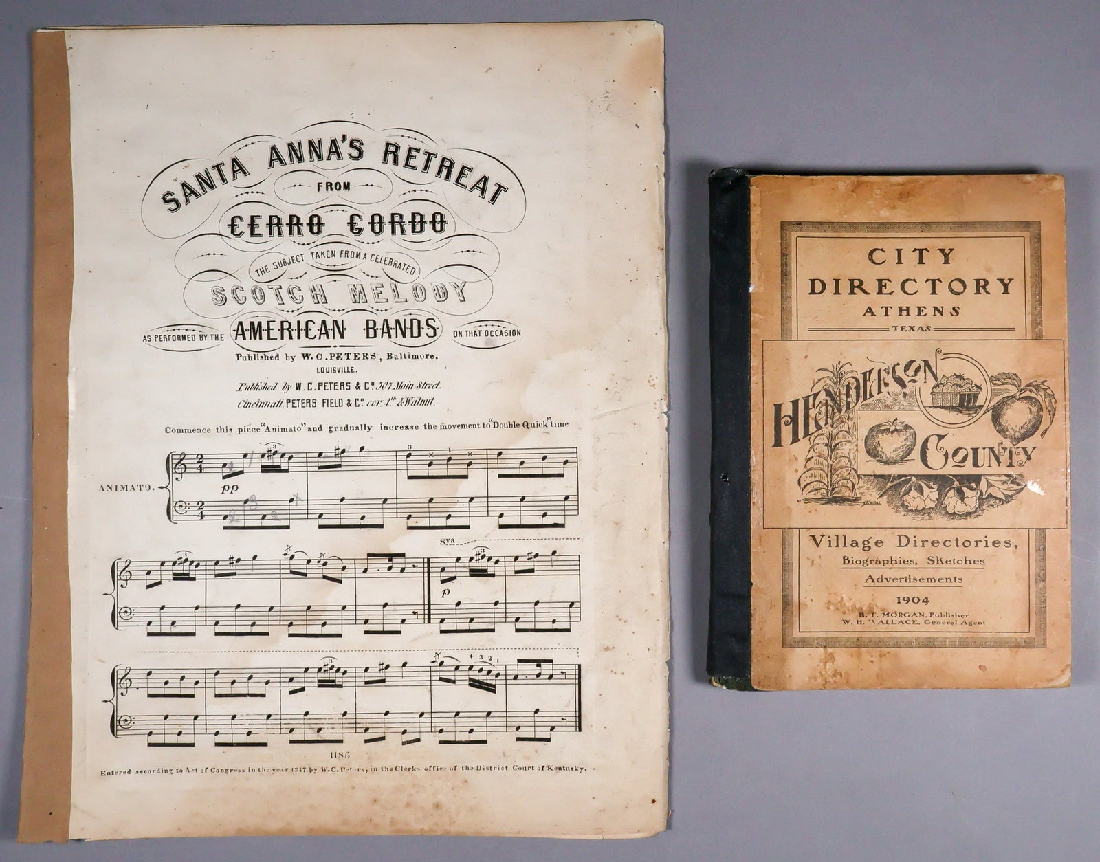 EARLY TEXAS: Two pieces: the first ‘Volume I Directory Athens City, Texas County Site of Henderson County 1904’ (B. F. Morgan, 1904), hardbound, with residents and businesses listed within, as well as