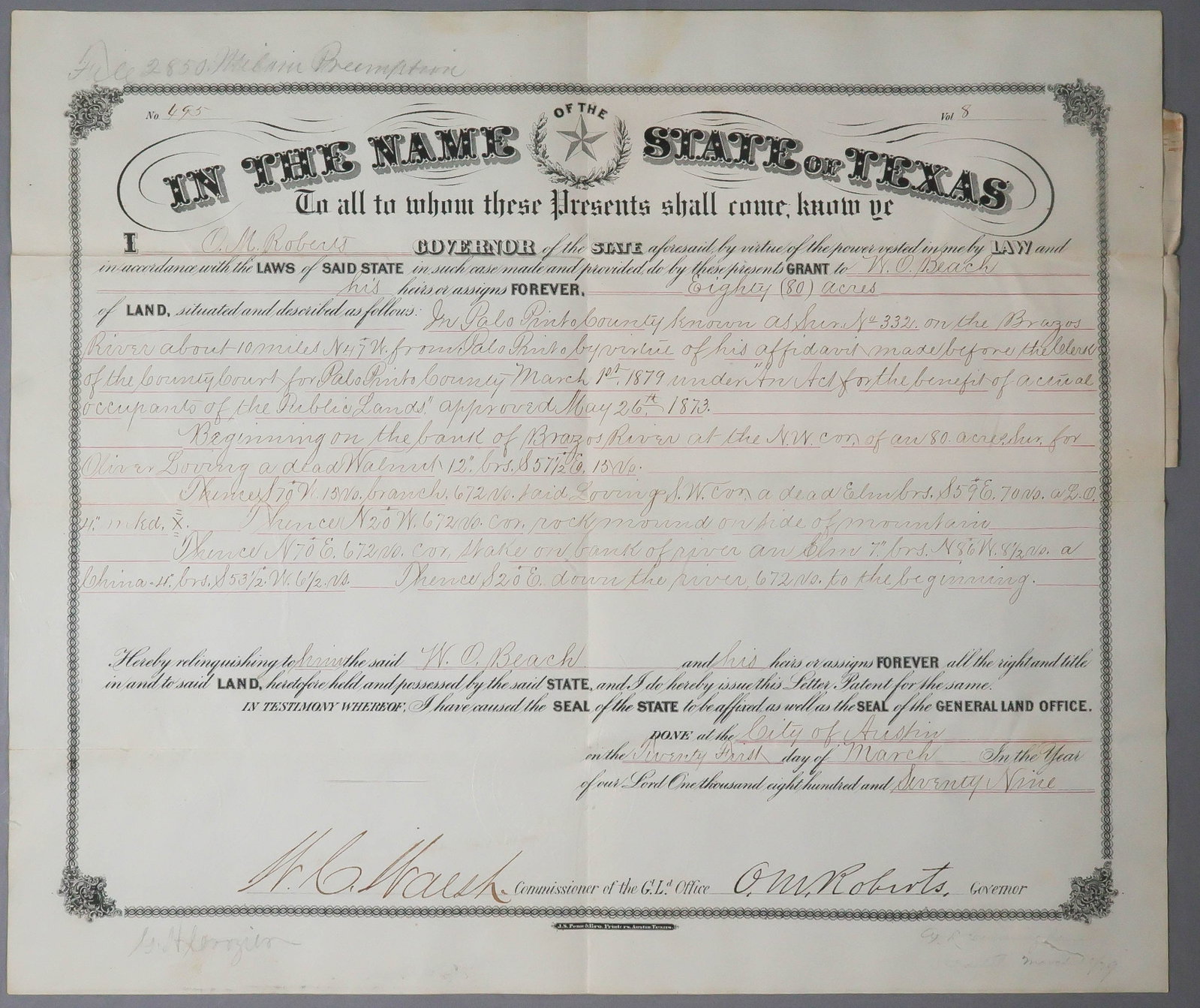EARLY TEXAS LAND GRANTS (2): ELISHA M. PEASE (1812-1883) American politician who served as the fifth and 13th governor of Texas. Partly-printed D.S. 1p. folio, Austin, July 27, 1852, a grant of fifty acres of land in Bell