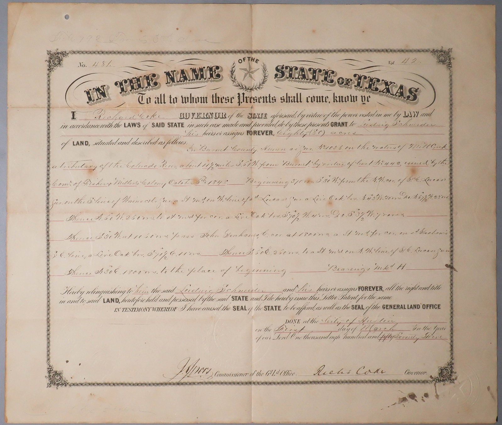 EARLY TEXAS LAND GRANTS (3): RICHARD B. HUBBARD (1832-1901) American politician and the 16th governor of Texas. Partly-printed D.S. 1p. folio, Austin, June 4, 1878, a grant of 4,539,371 acres of land in Stephens County. A stain