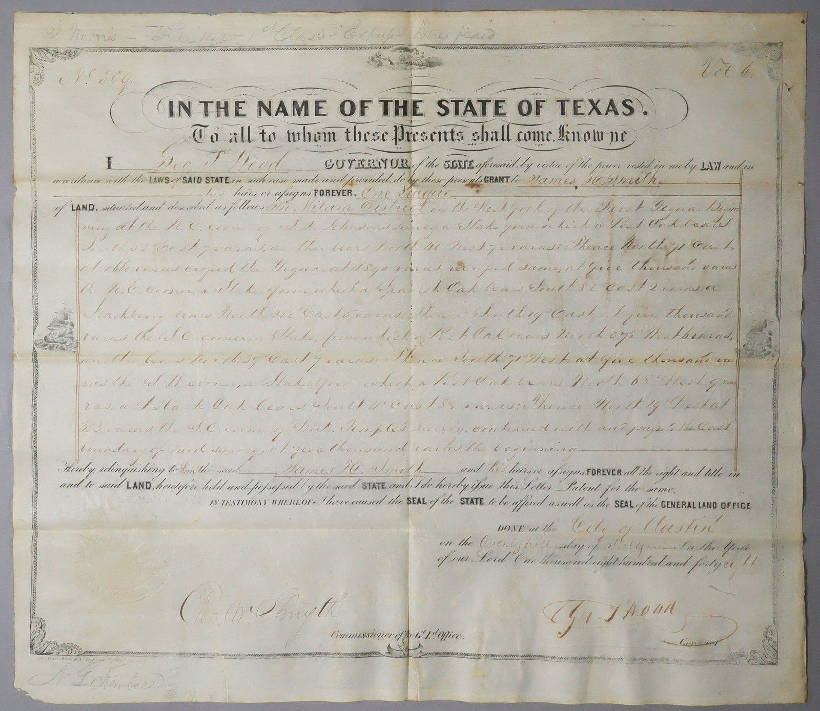 EARLY TEXAS LAND GRANTS (3): Three land grants, includes: PETER H. BELL (1812-1898) American soldier known for his role during the battle of Buena Vista and later the governor of Texas from 1849-1853, and Member of Congress,