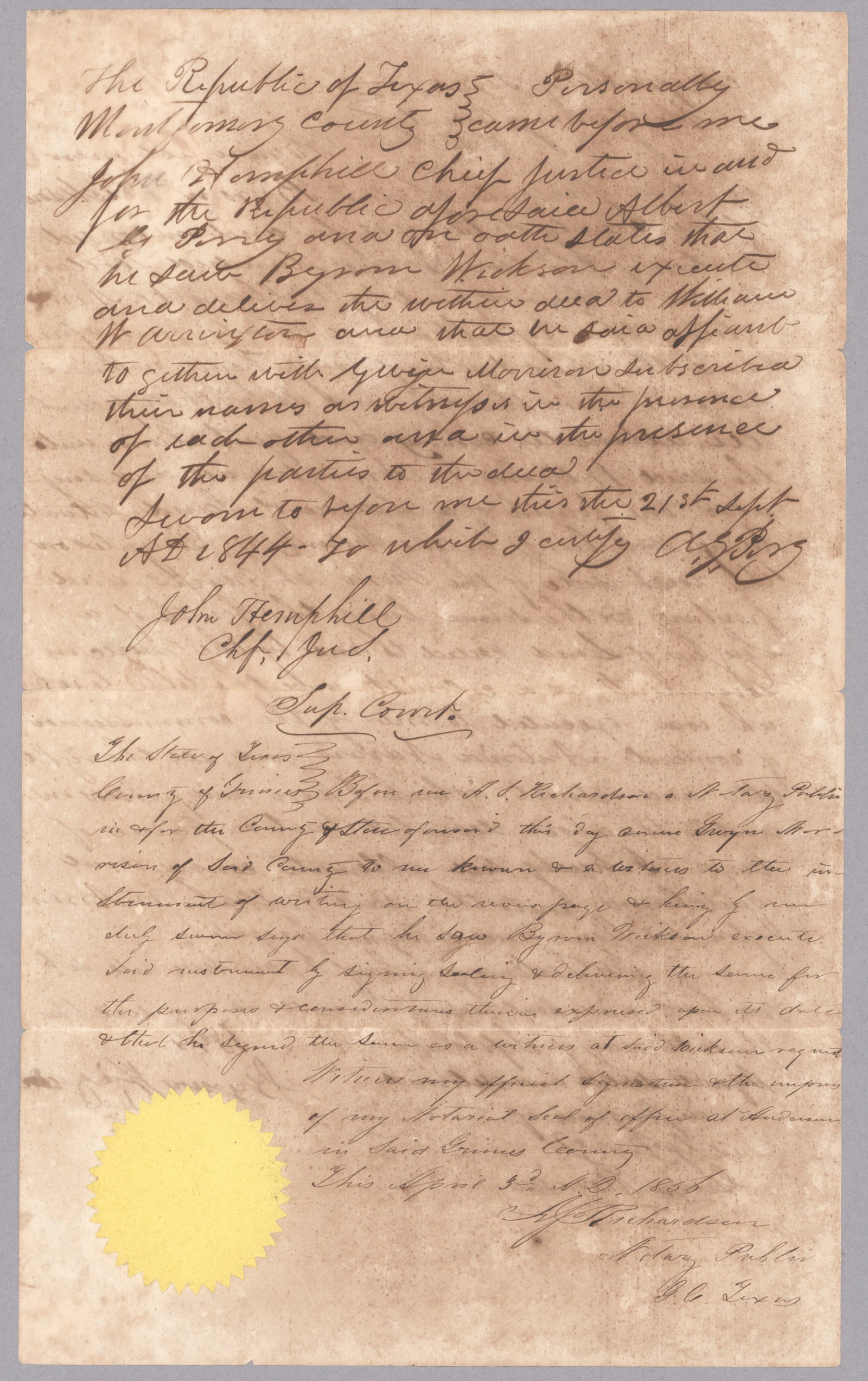 (EARLY TEXAS): JOHN HEMPHILL (1803-1864) U.S. Senator from Texas, Chief Justice of that state and key player in the Indian Wars. Manuscript D.S. ‘John Hemphill Chf. Just.’, 2pp. legal folio, Montgomery