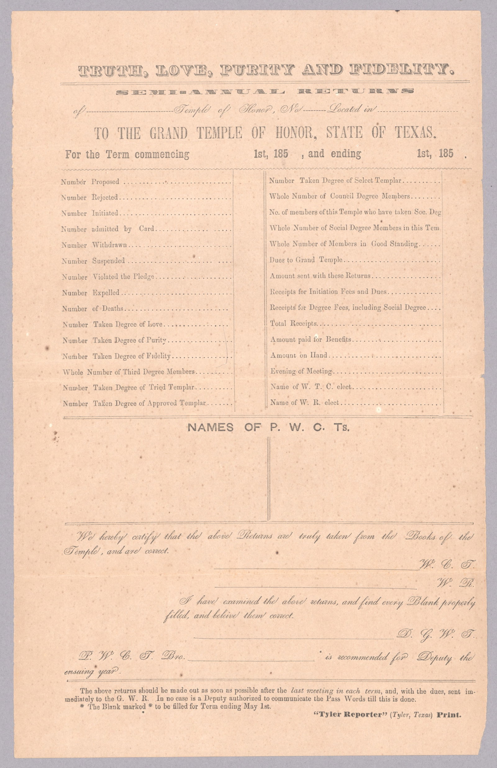 (EARLY TEXAS): Very early imprint, 1p. legal folio, Tyler, TX, 1853?, a blank ‘Semiannual Returns to the Grand Temple of Honor, State of Texas...’. Evenly toned and very good. The Texas legislature