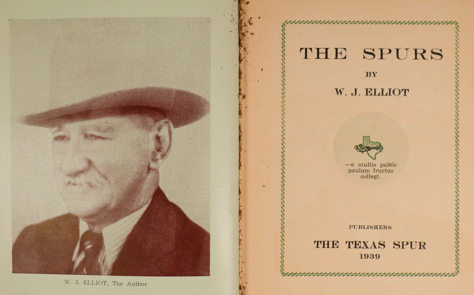TEXAS RANCH HISTORY: A scarce copy of the volume ‘The Spurs’ by W. J. Elliot (Spur, Texas: The Texas Spurs, 1909), 274pp. 8vo. hardbound in green linen wraps. Spine broken at half title page, pages moderately
