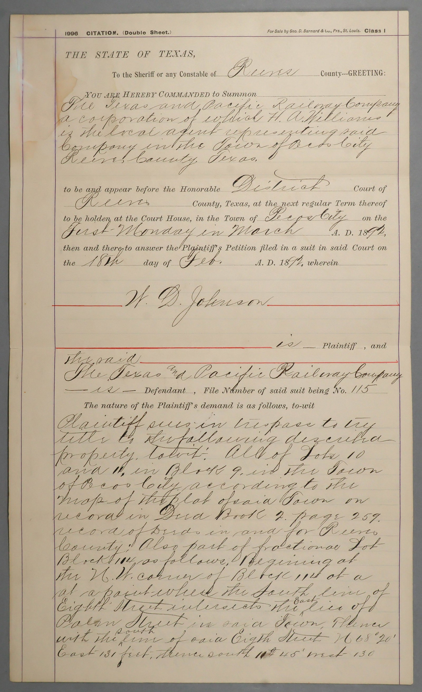 (TEXAS) AGENT OF TEXAS & PACIFIC RAIL ROAD SUMMONED BY SHERIFFS: A partly-printed D.S. 2pp. legal folio, Reeves County, TX, Feb. 18, 1892, a Summons issued to the sheriffs and constables of Reeves against the Texas and Pacific Railway Company, and demanding the