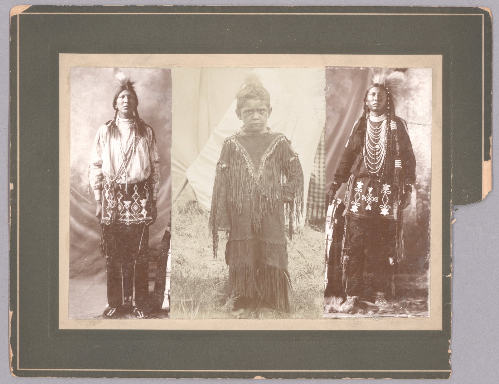 1880s PHOTOGRAPH OF NATIVE AMERICANS: A 6 x 5.5 in. sepia collage photograph showing two Native American men and one boy from different tribes and in elaborate dress. The two photographs of men are laid over that of the boy, creating a