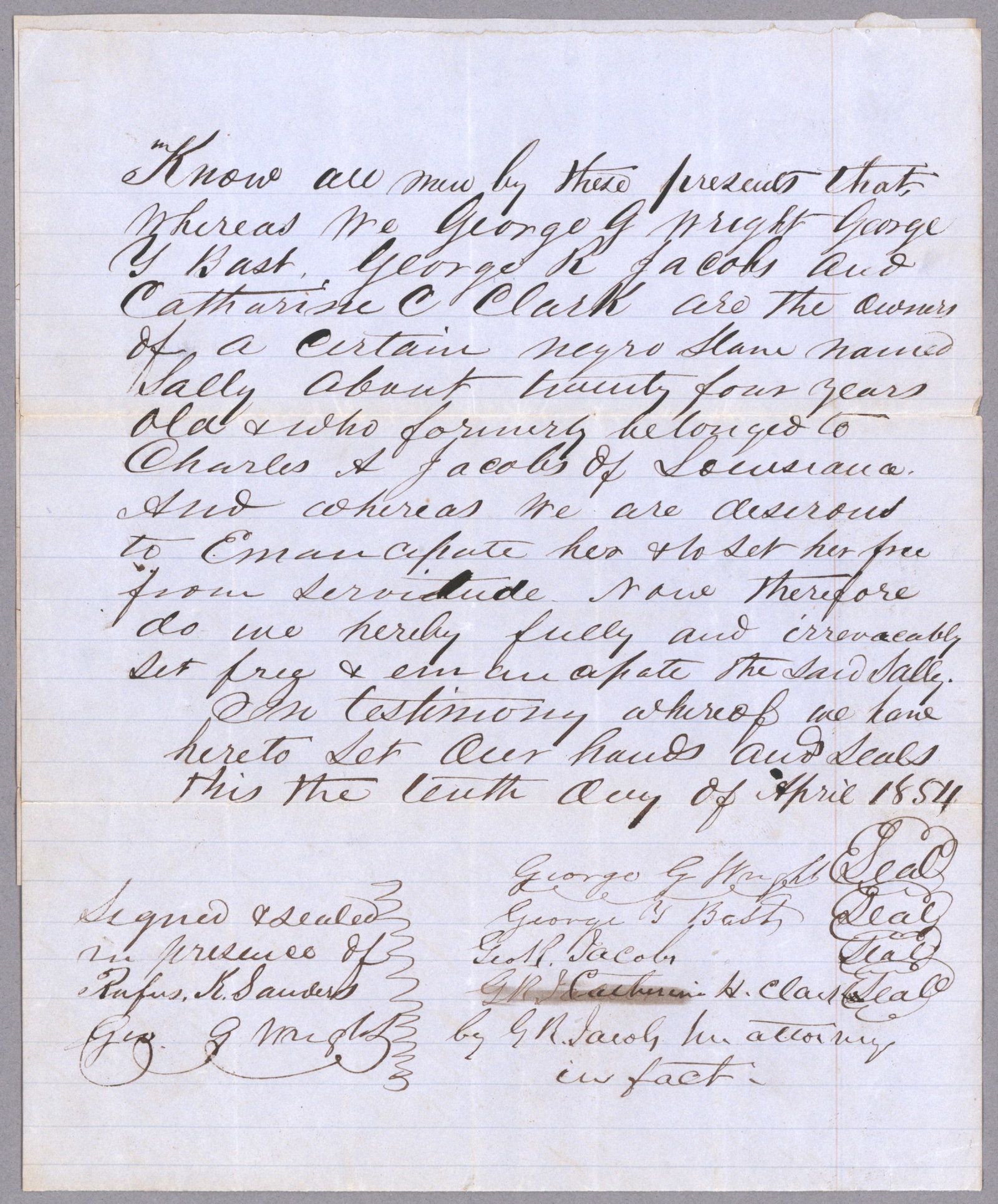 SLAVE MANUMISSION: Manuscript D.S. 2pp. legal folio, Warren County, MO, Apr. 10, 1854, in which owners George Wright and George Bast seek to emancipate ‘…a certain negro slave named Sally about twenty four