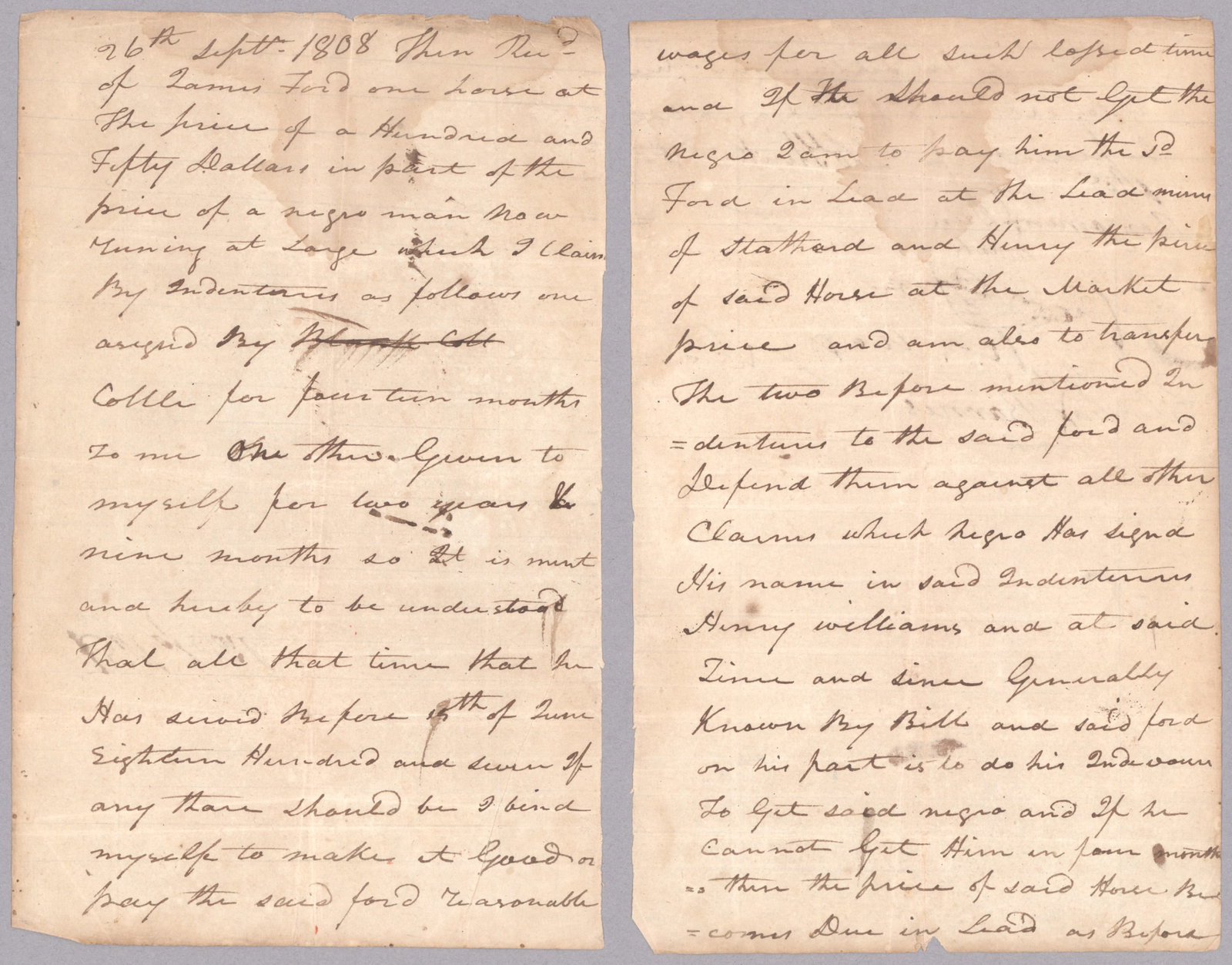 RECEIPT FOR PURCHASE OF AN ESCAPED SLAVE: Unusual manuscript D.S. 3pp. 8vo., [n.p. but St. Genevieve, MO], Sept. 26, 1808, in which Robert Hinkerson acknowledges his purchase from James Ford of one horse ‘at the price of a hundred and
