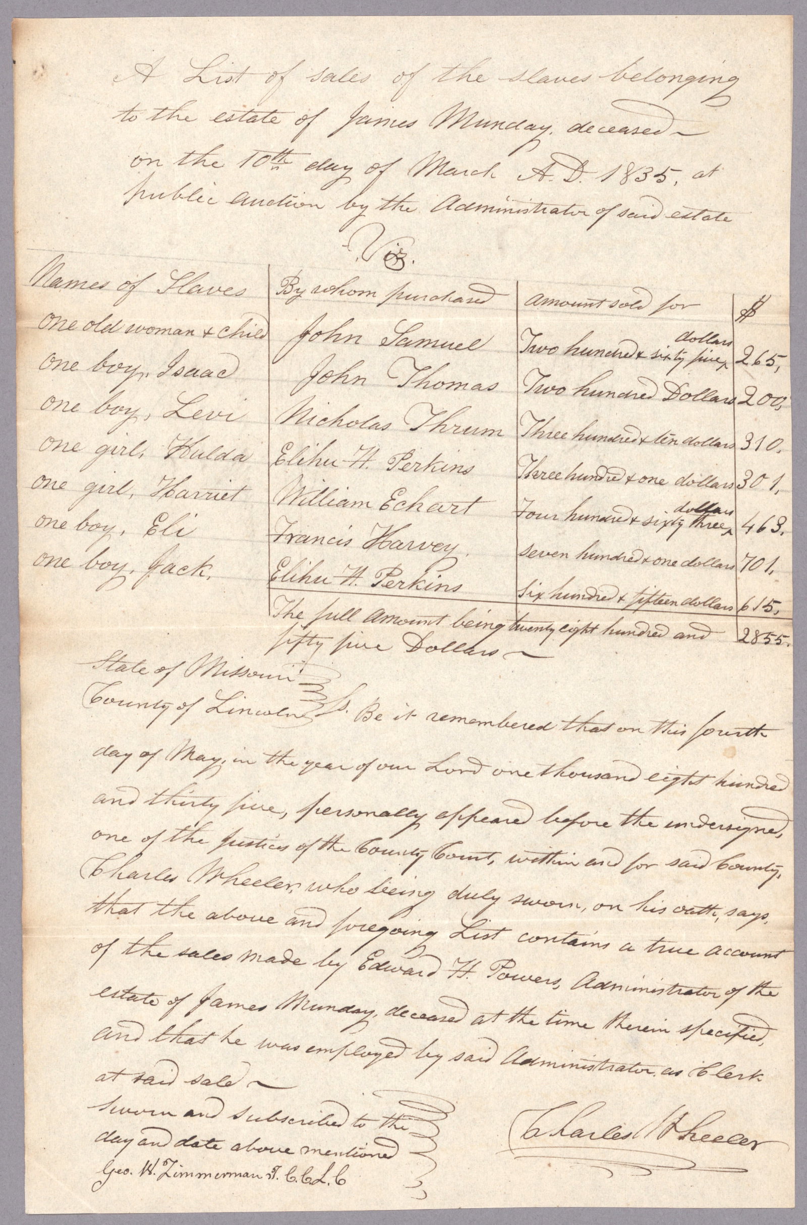 (SALE OF SLAVES): Manuscript D.S. 1p. legal folio, Lincoln, MO, March 10, 1835, a ‘…list of sales of the slaves belonging to the estate of James Munday, in part: ‘A list of sales of the slaves belongi
