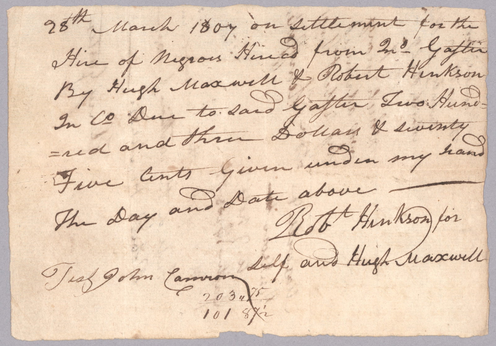 SETTLEMENT FOR THE HIRE OF SLAVES: Manuscript D.S. 1p. oblong 8vo., [n.p. but St. Genevieve, MO], March 28, 1807, which records the payment of $203.75 by Robert Hinkson ‘…for the hire of Negroes from Jno.