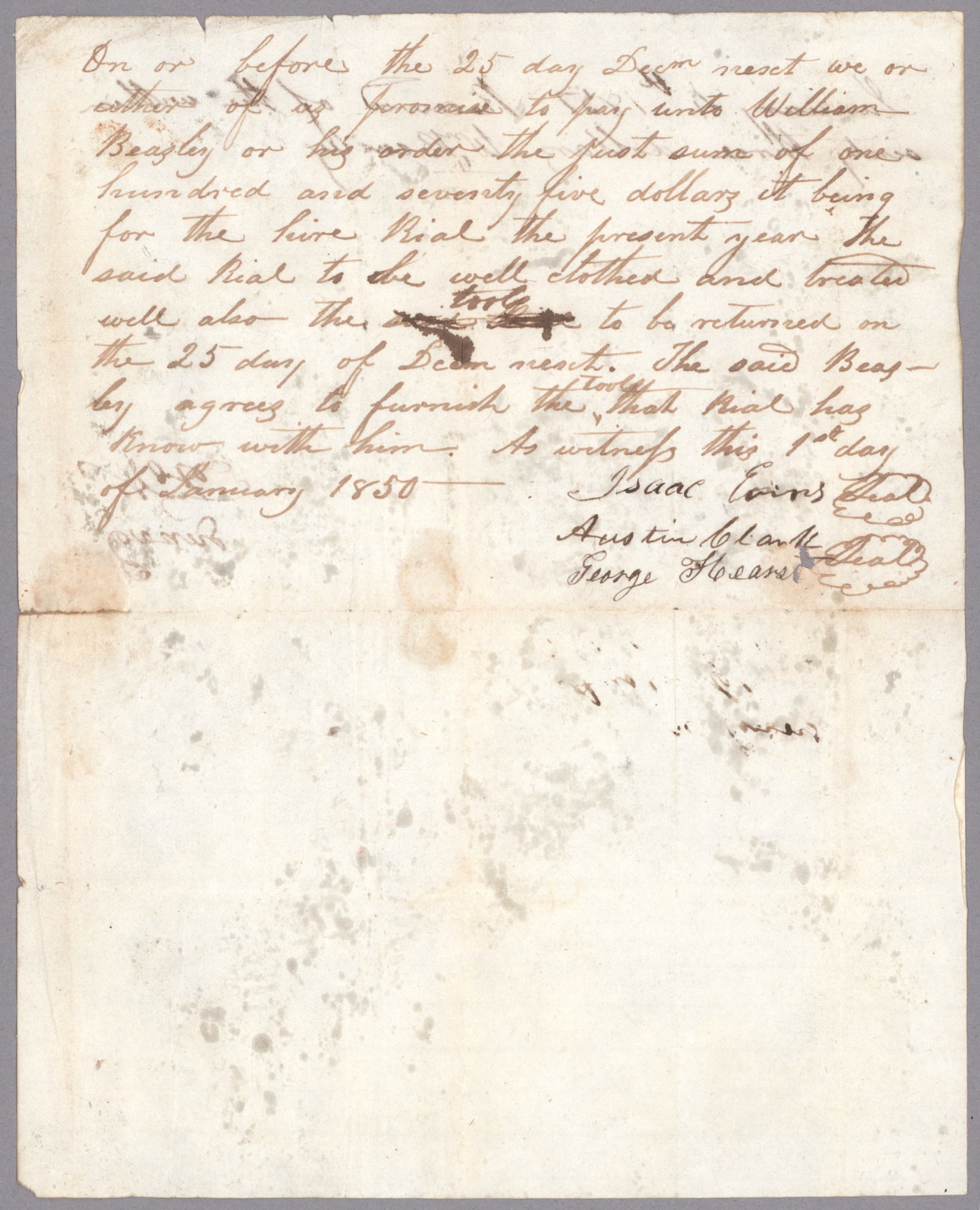 PROMISSORY NOTE FOR AN ENSLAVED MAN HIRED BY NEWSPAPER TYCOON GEORGE HEARST (1 of 3)