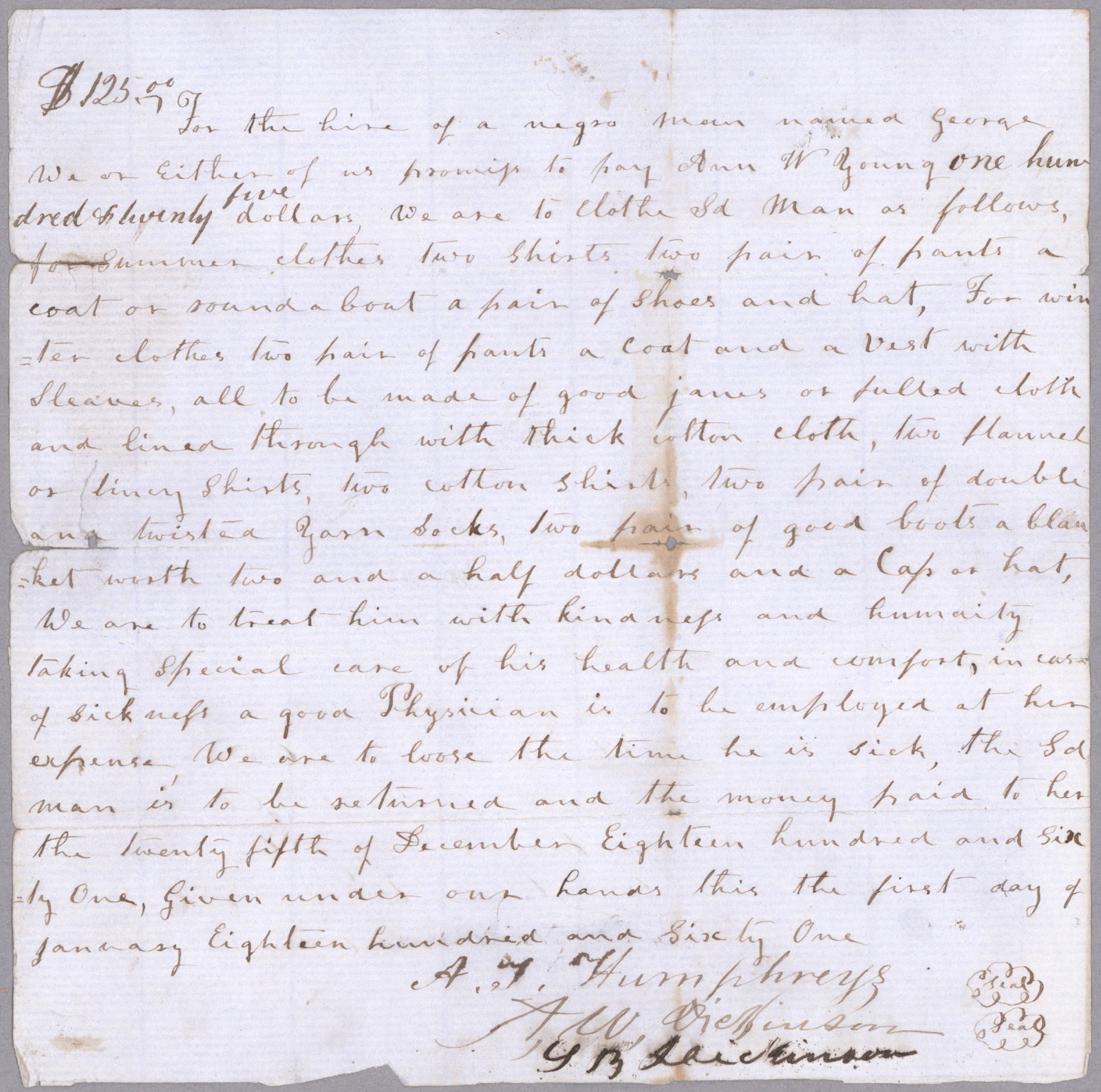 PROMISSORY NOTE FOR HIRE OF AN ENSLAVED MAN OWNED BY A WOMAN: Unusual, rare manuscript D.S. 1p. 4to., [n.p. but Callaway County, MO], Jan. 1, 1861, in which three gentleman promise to pay Ann W. Young ‘…for the hire of a negro man named